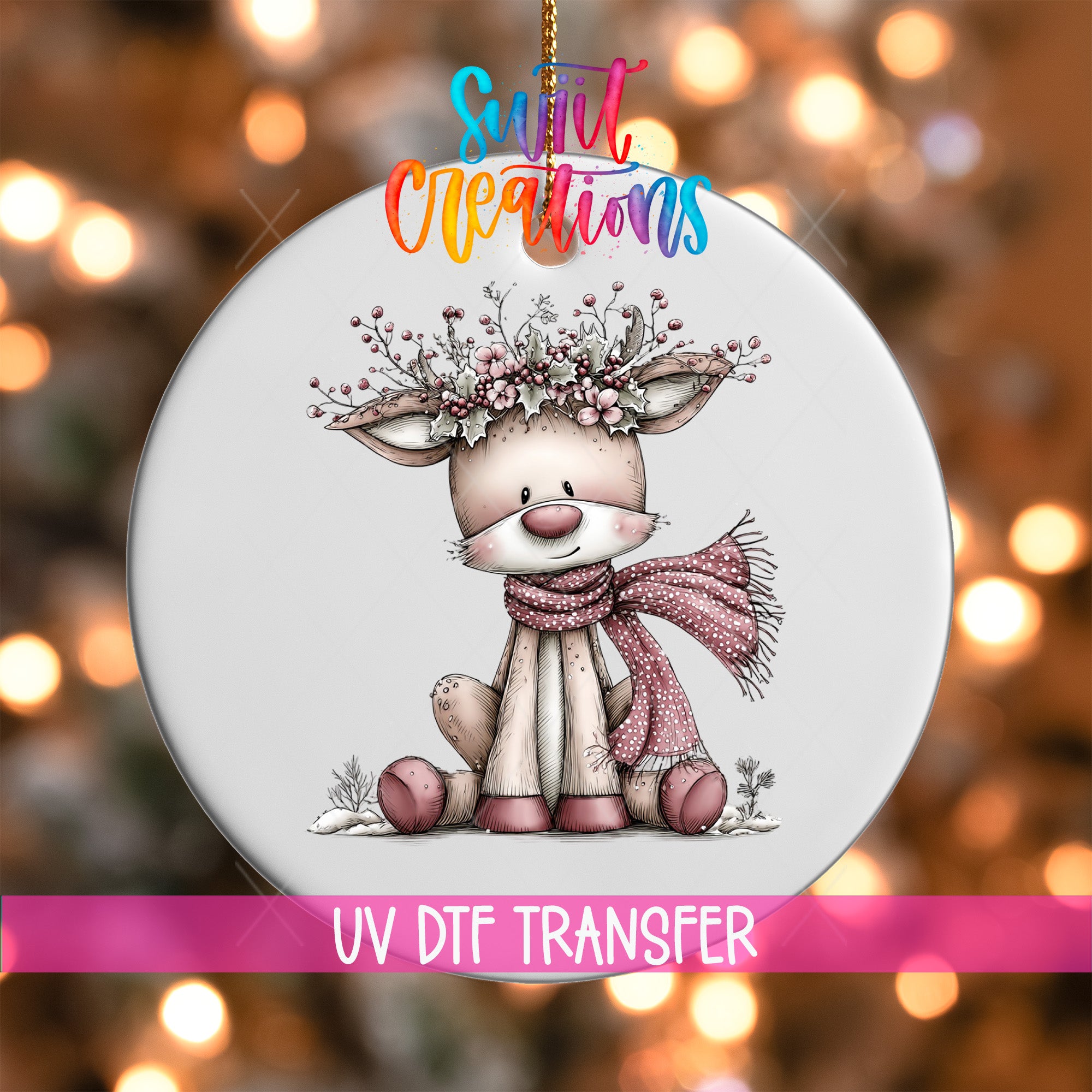 A decorative ornament featuring a smiling deer wearing a scarf and floral headpiece, with a background of colorful lights.
