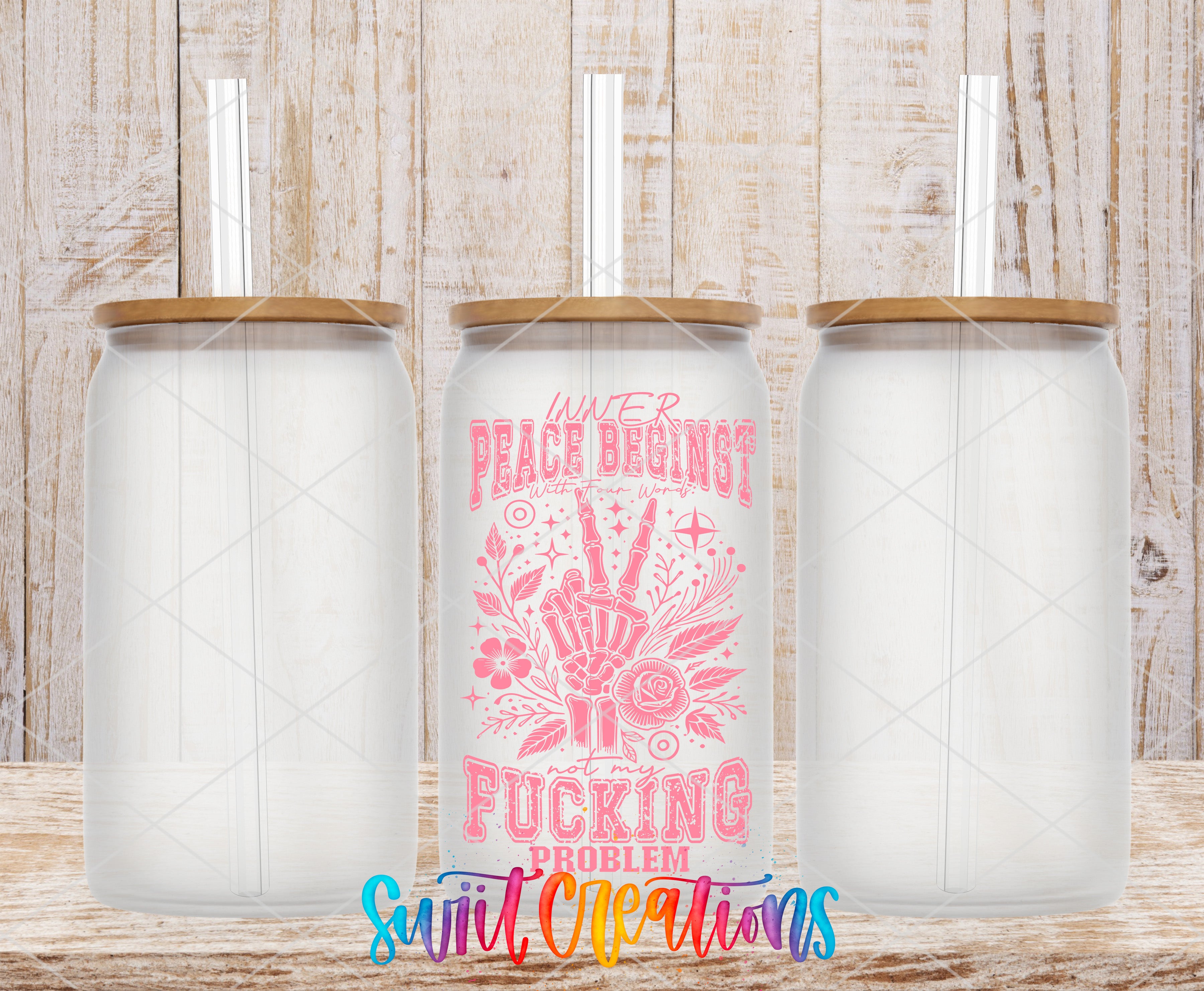 three glass jars with straws, each with a different design and color. The central jar has a pink and white design with the text "Peace Beginning" and "Fucking Problem" printed on it.