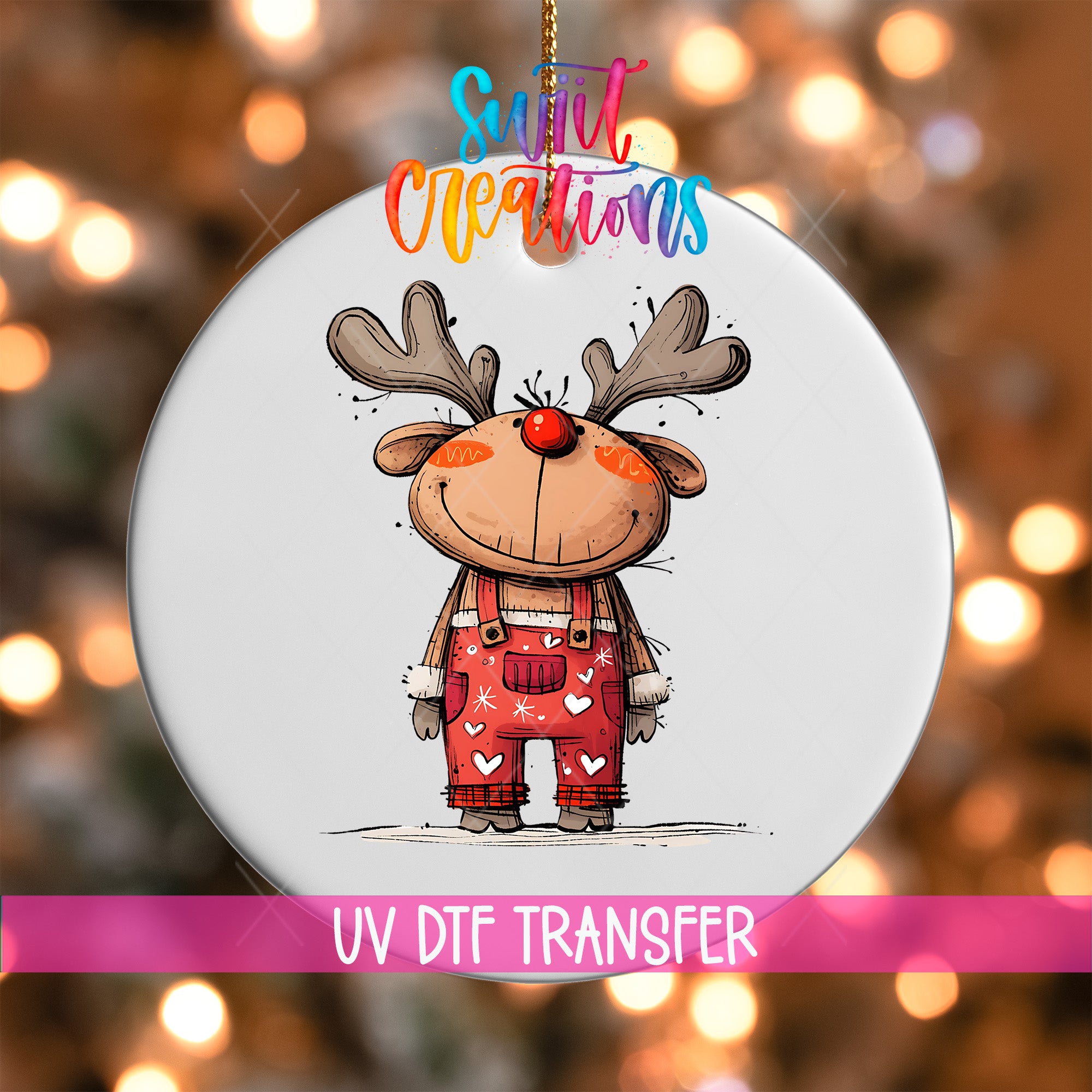A white ornament with a cartoon reindeer wearing overalls and a red nose, surrounded by a colorful background with Christmas lights.