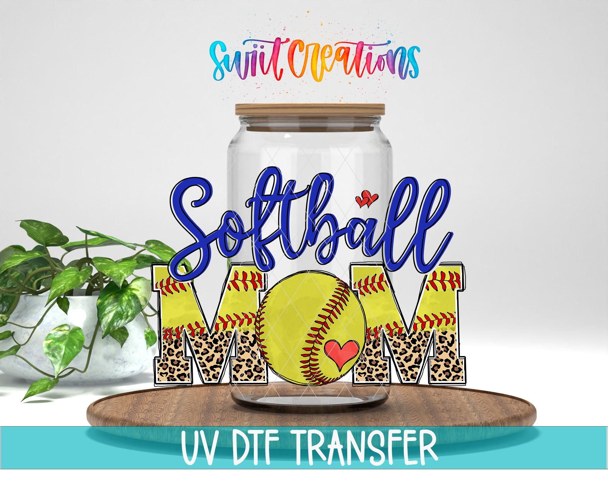 A glass jar with a leopard print design and a yellow softball, along with the text "Softball Mom" in a colorful, hand-drawn style.