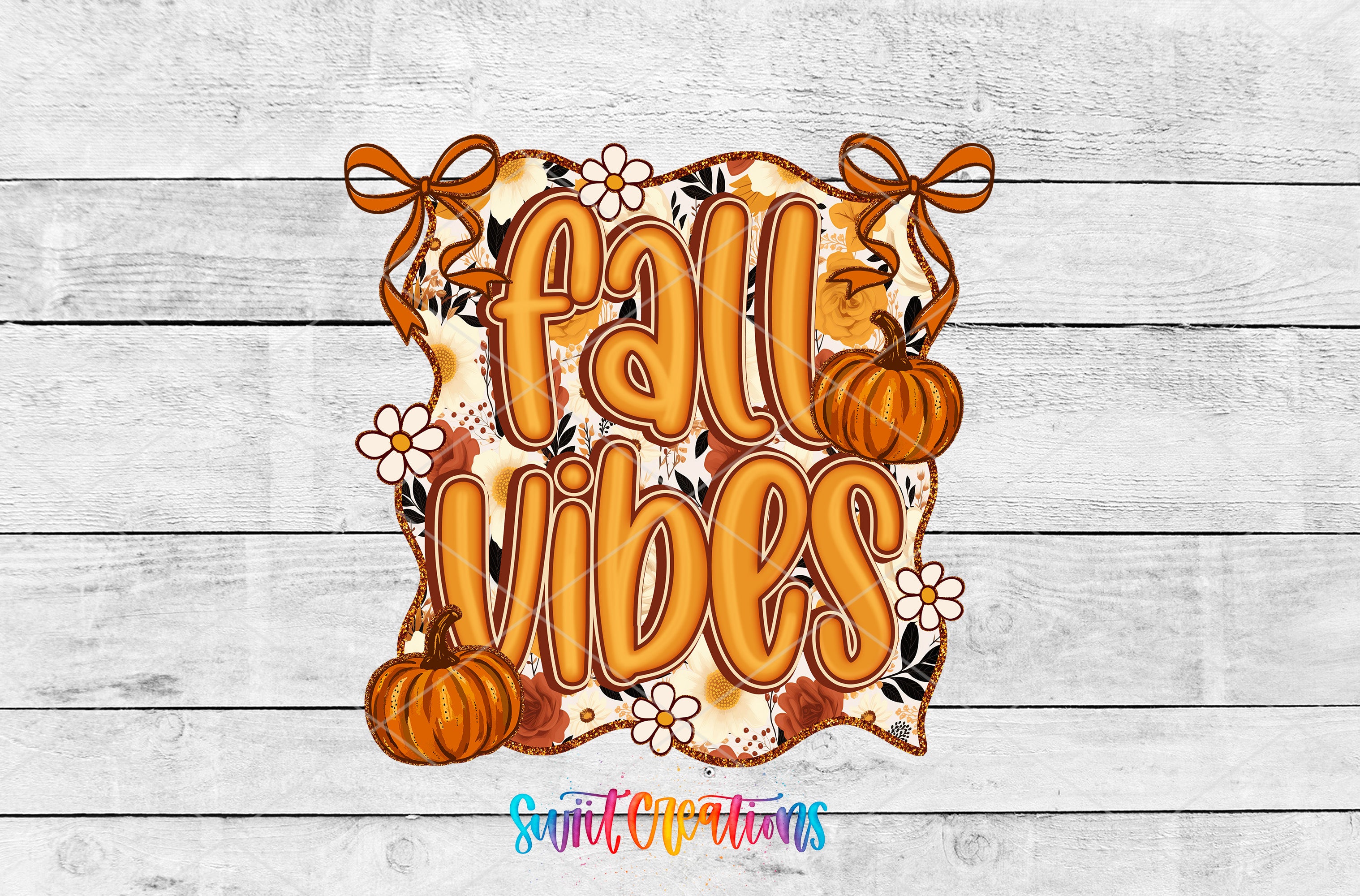 a decorative graphic with the text "fall vibes" surrounded by autumn-themed elements such as pumpkins and bows.