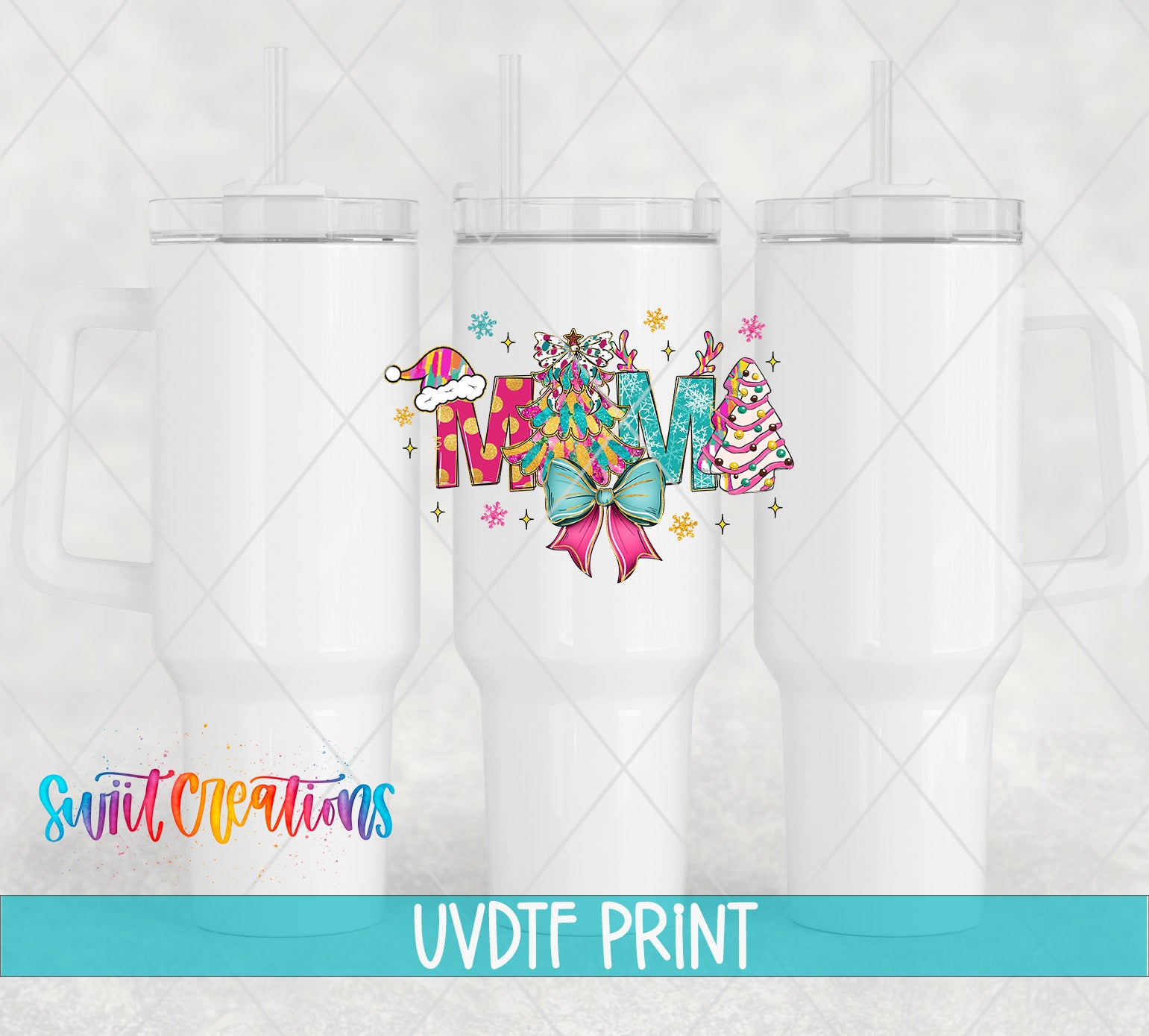 three white tumblers with colorful designs and text printed on them.