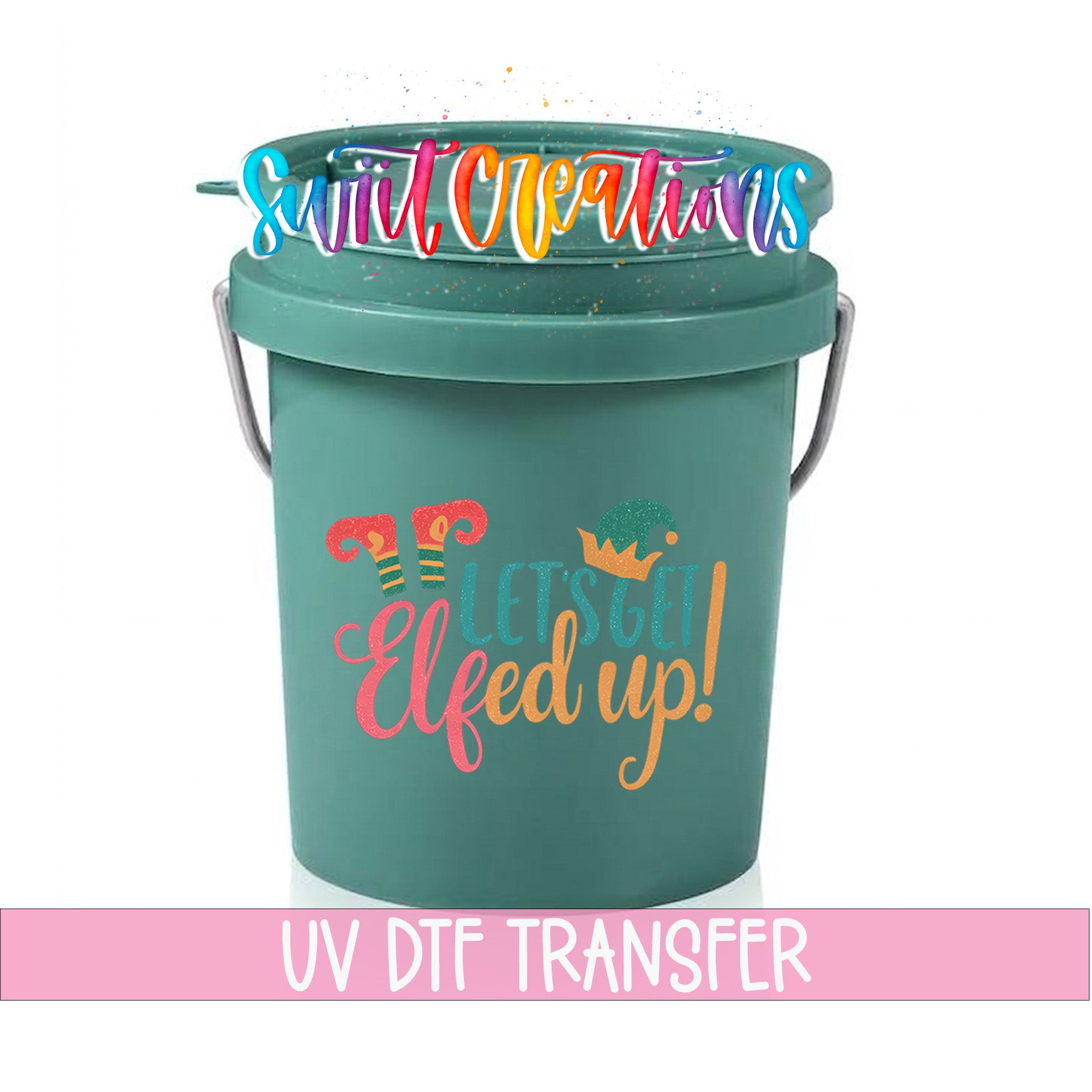 A green bucket with a colorful, whimsical design and text printed on it.