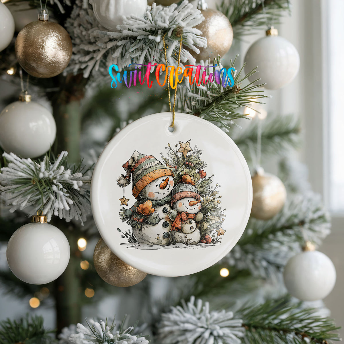 A white ceramic ornament with a snowman and a star on a Christmas tree, surrounded by white and gold ornaments.