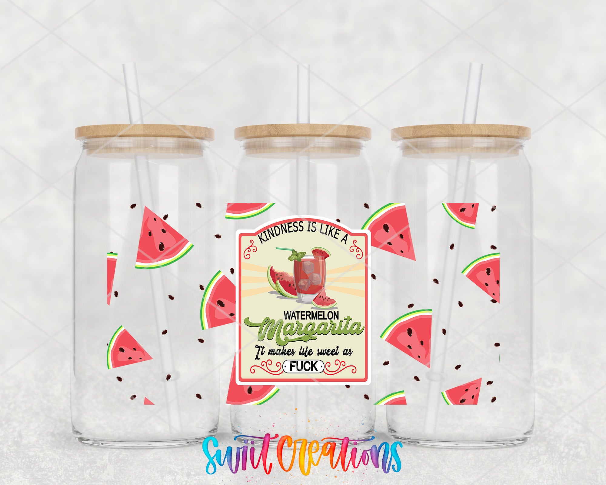 three clear glass jars with wooden lids, each containing a straw. The jars are decorated with watermelon slices and straws. The jars are arranged in a row, with the middle jar having a label that reads "Kindness is like a WATERMELON MARGARITA. It makes life sweeter as F*C*K*".