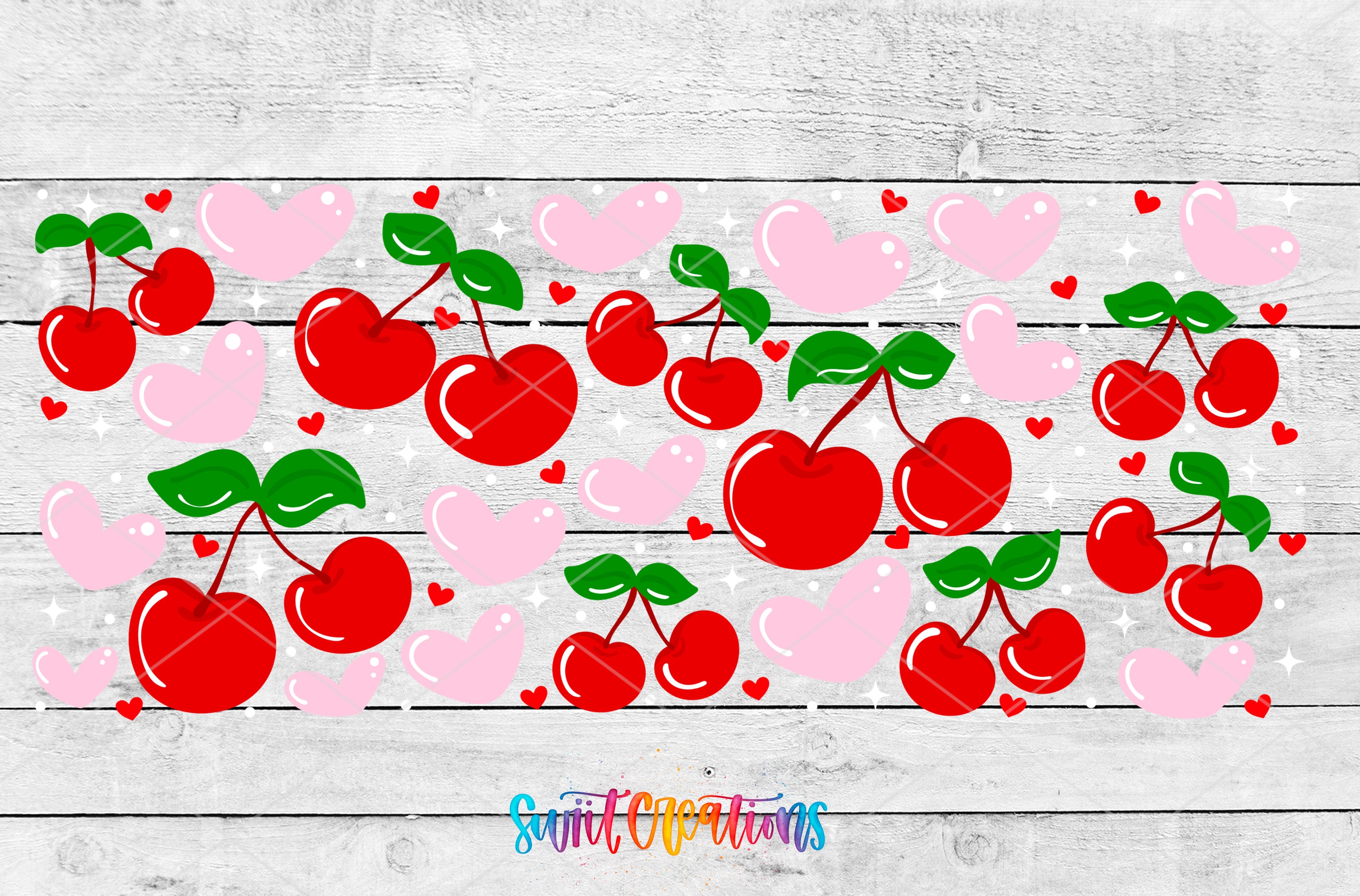The image is a collage of various images featuring cherries and hearts in shades of red and pink.