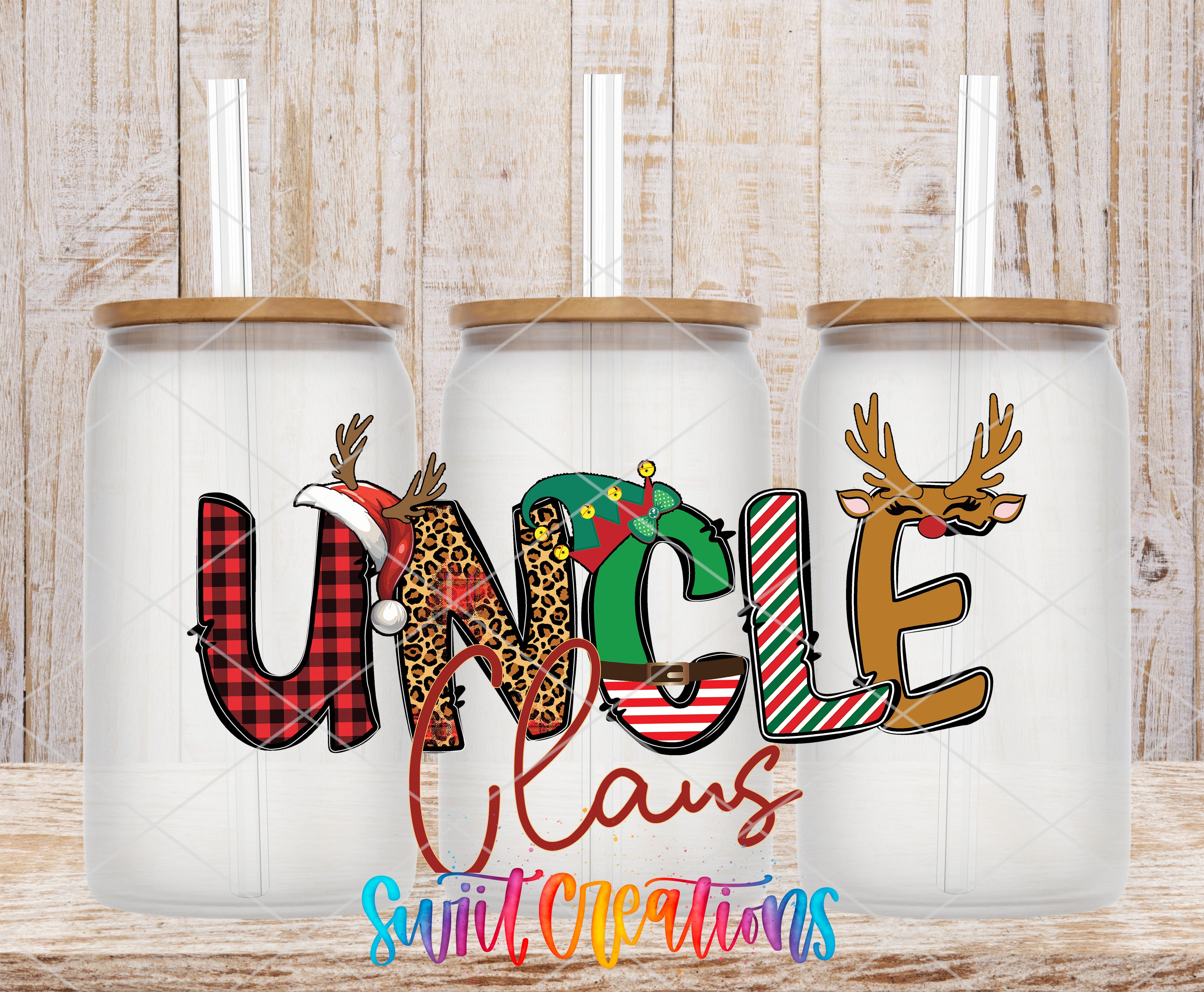 Three glass tumblers with the word "UNCLE" written on them, each with a different design or decoration.