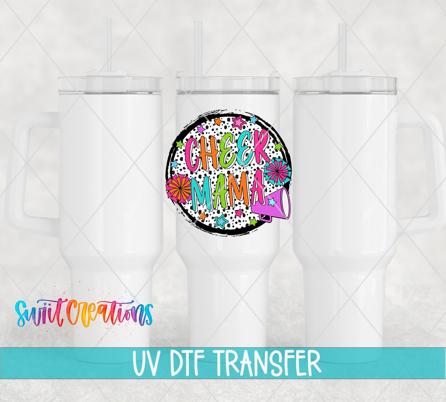 three white tumblers with a colorful design on the center, including a circular logo with the text "CHECK MAMA" and various colorful elements. The image also includes text that says "Swit Transfers UV Dtf Transfers" and "LESS THAN 500 Characters".