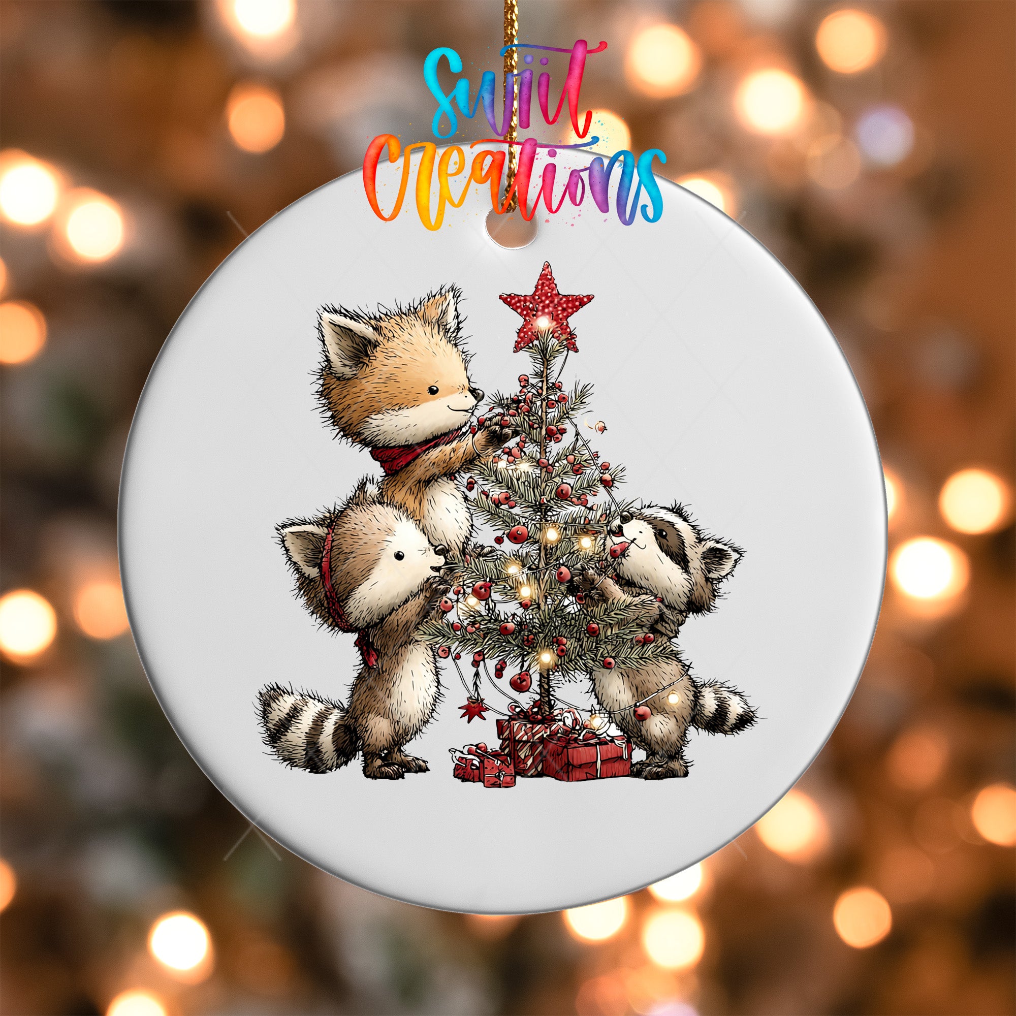 A white ornament with a festive Christmas tree design featuring three raccoon-like animals decorating the tree.