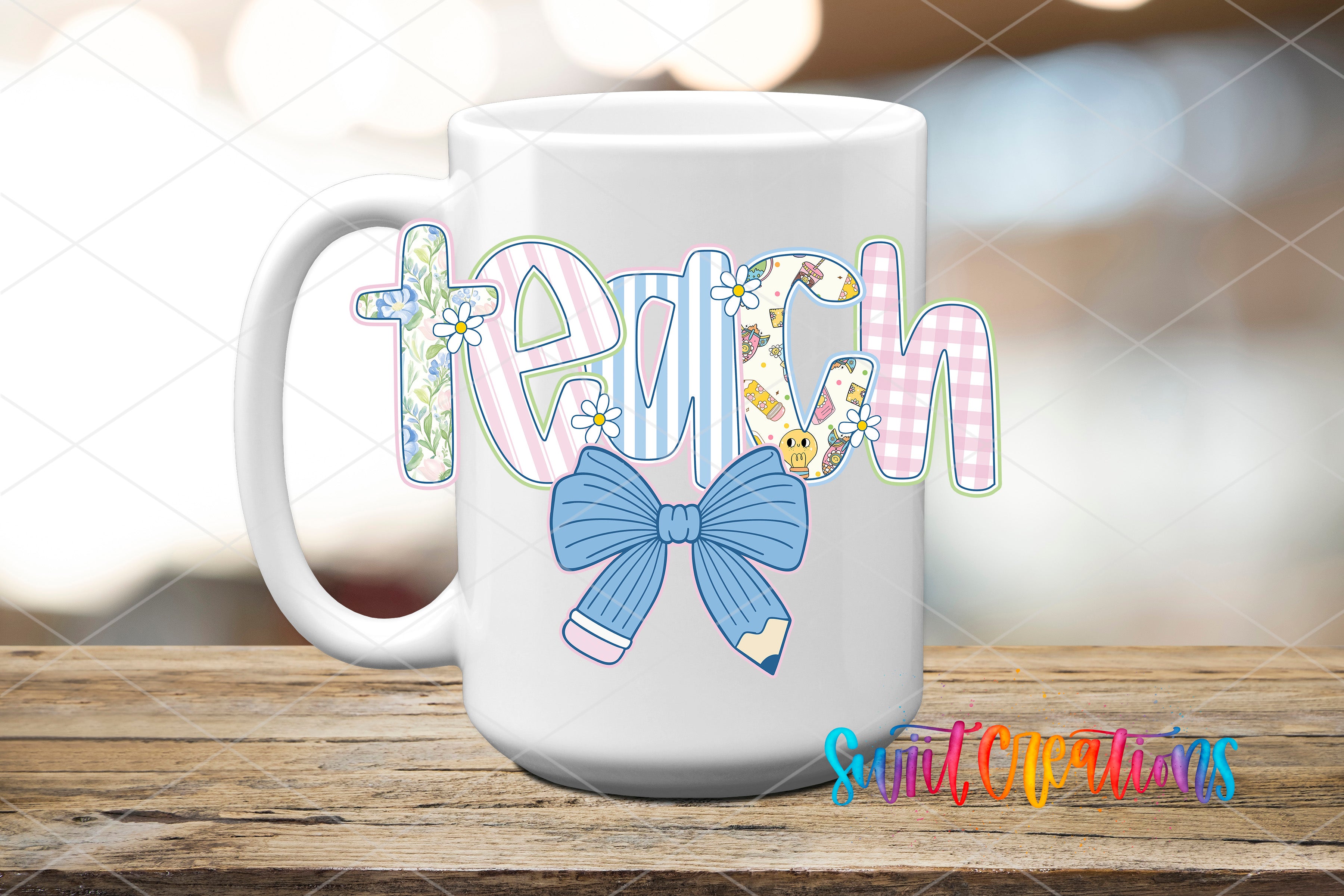 A white ceramic mug with the word "teach" written on it in a colorful, decorative font. The mug also has a blue bow and a pencil graphic on it.