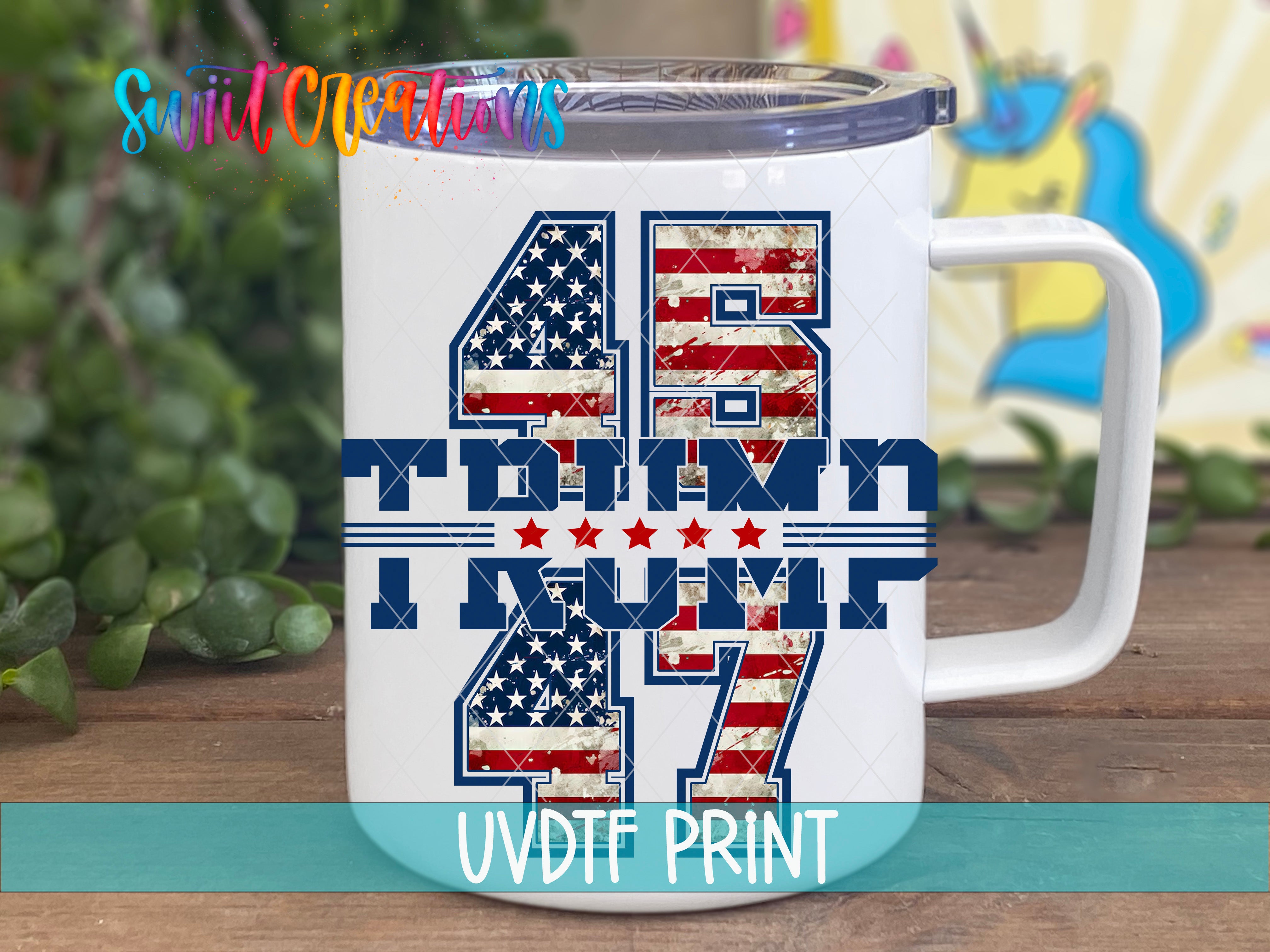 A white mug with a design featuring the number "46" and the text "Trump" printed on it, along with an American flag pattern.
