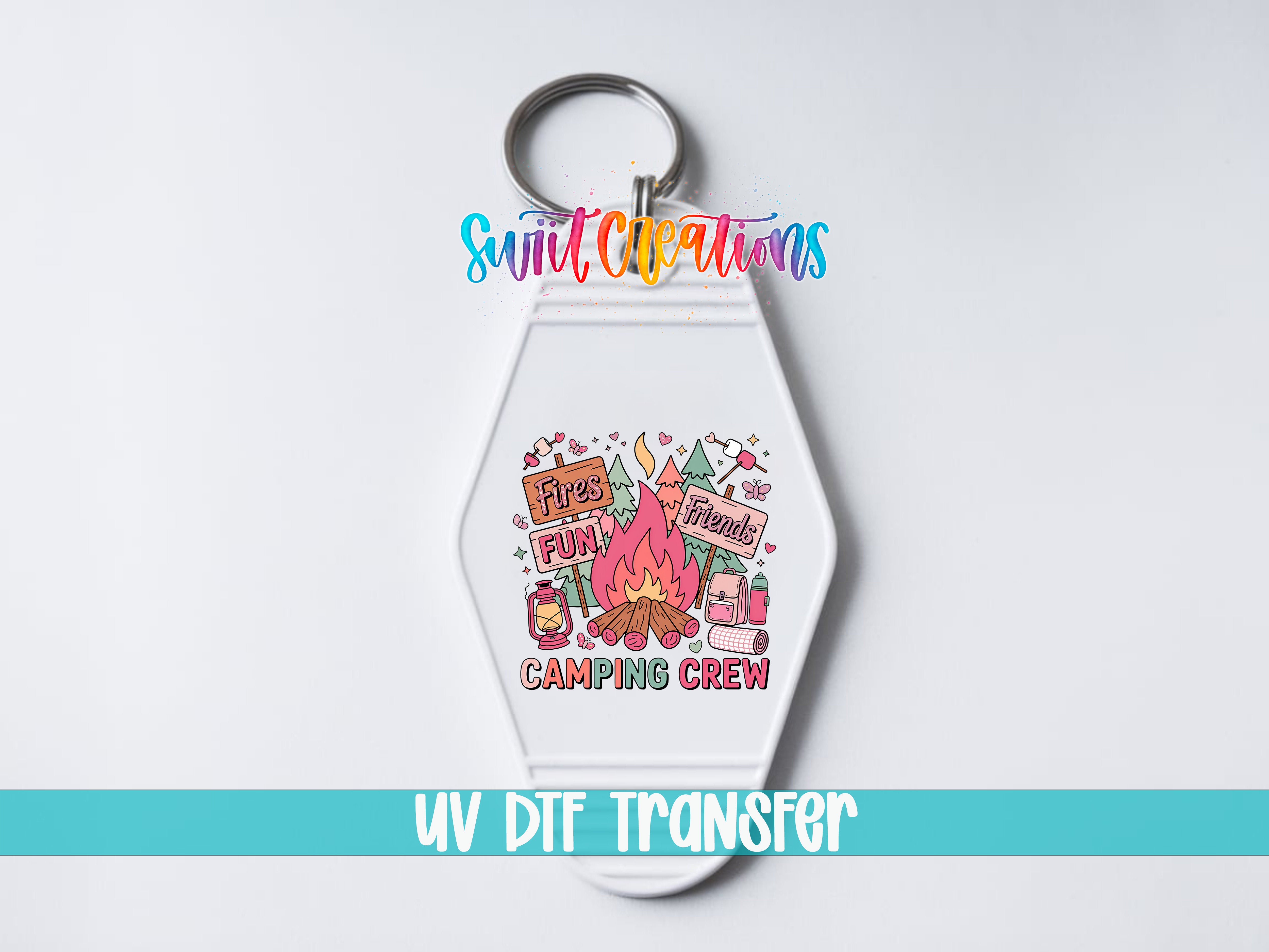 A keychain with a colorful design featuring camping-related items and text, including phrases like "Fun", "Camping Crew", and "UV DIF Transfer".