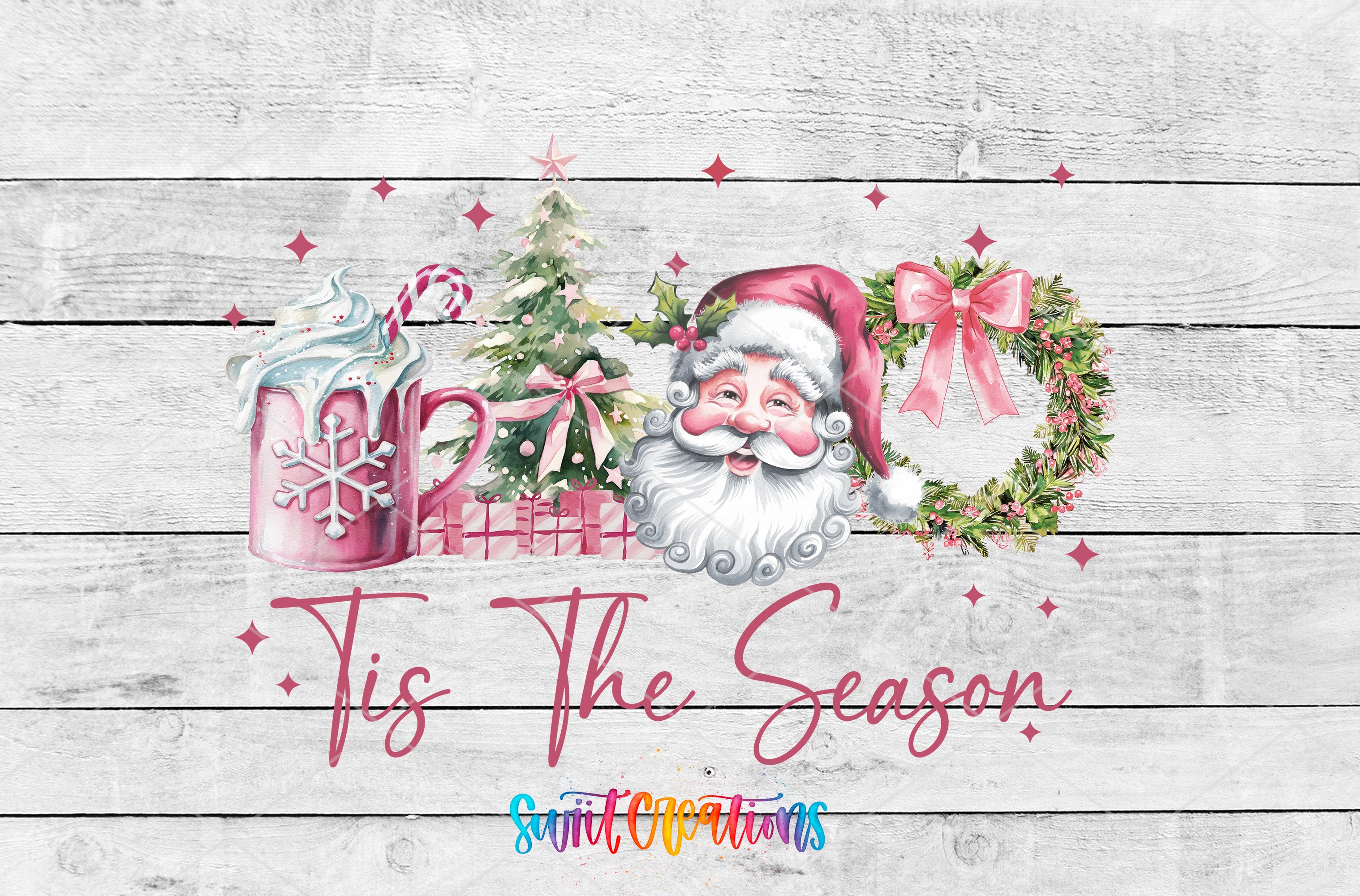 A festive Christmas-themed image with a Santa Claus figure, a wreath, a mug with a snowflake design, and the text "Tis the Season" in pink and white.