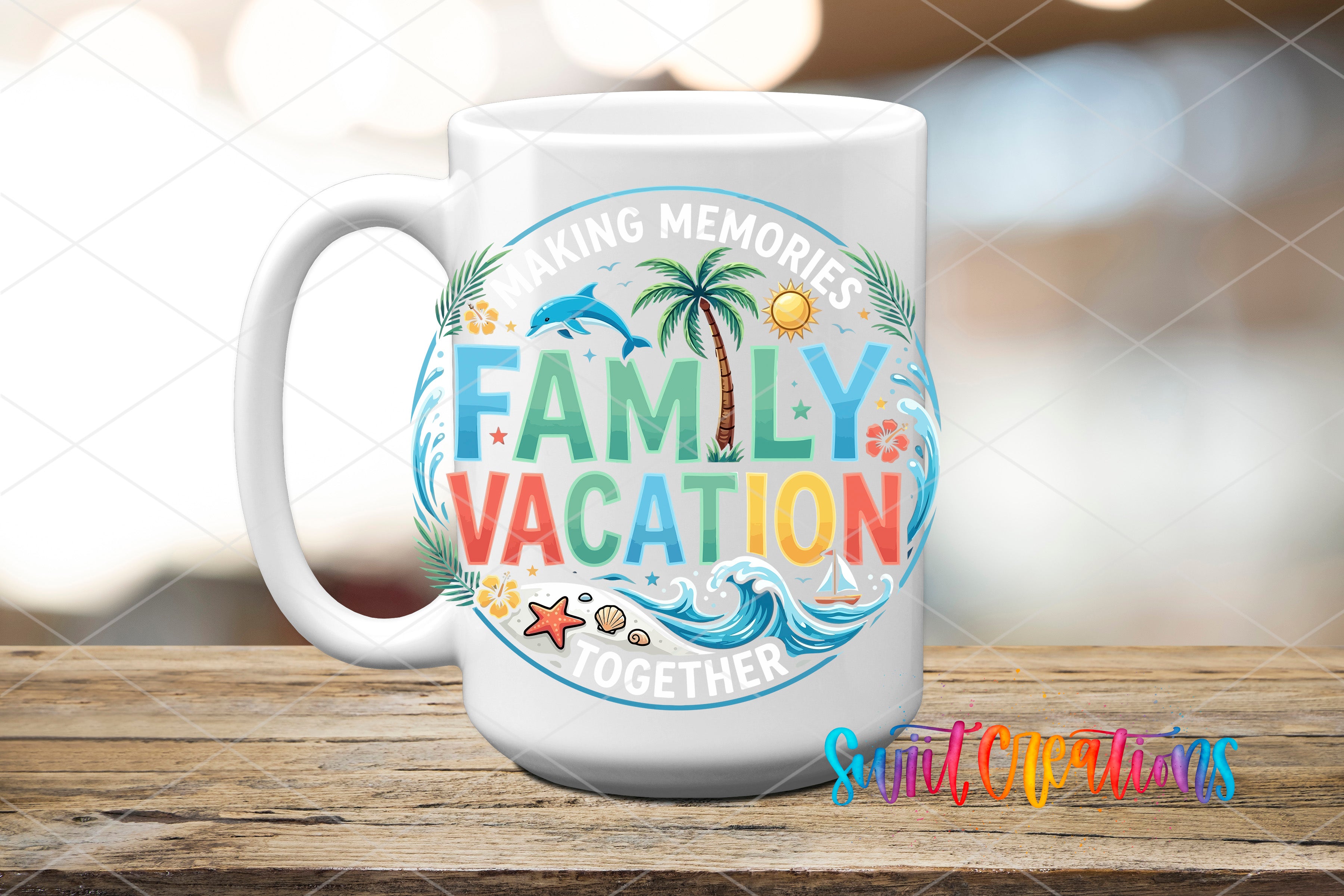 A white ceramic mug with a colorful design featuring the text "MAKING MEMORIES FAMILY VACATION TOGETHER" surrounded by various tropical elements such as a palm tree, starfish, and seashells.