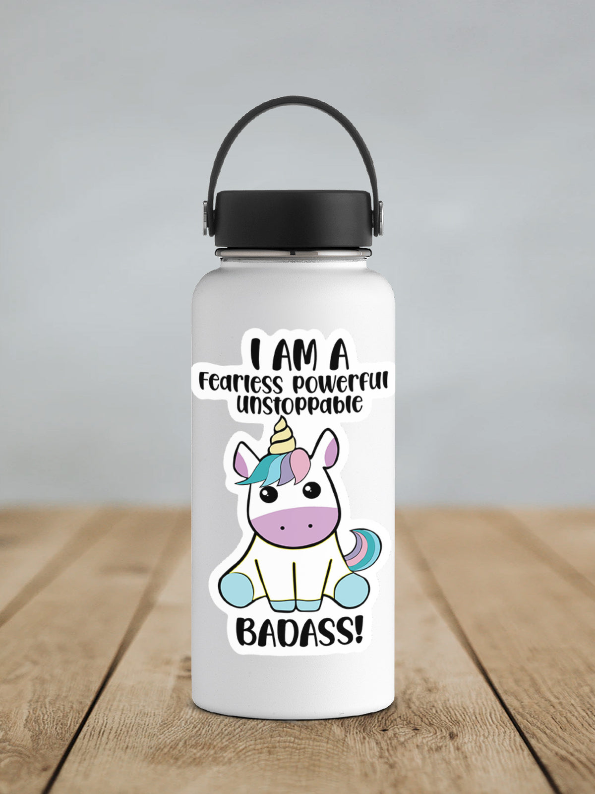 a water bottle with a picture of a unicorn on it
