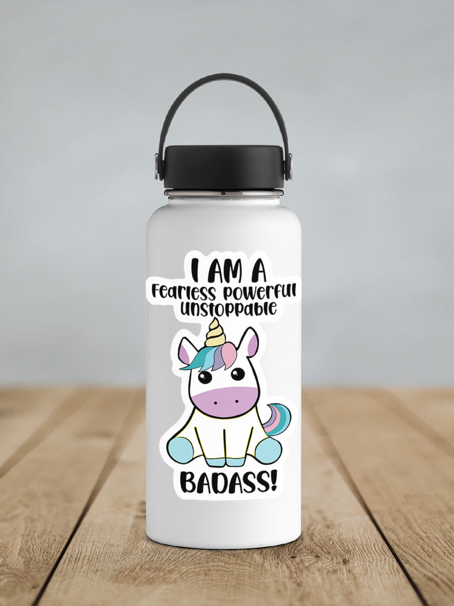 a water bottle with a picture of a unicorn on it