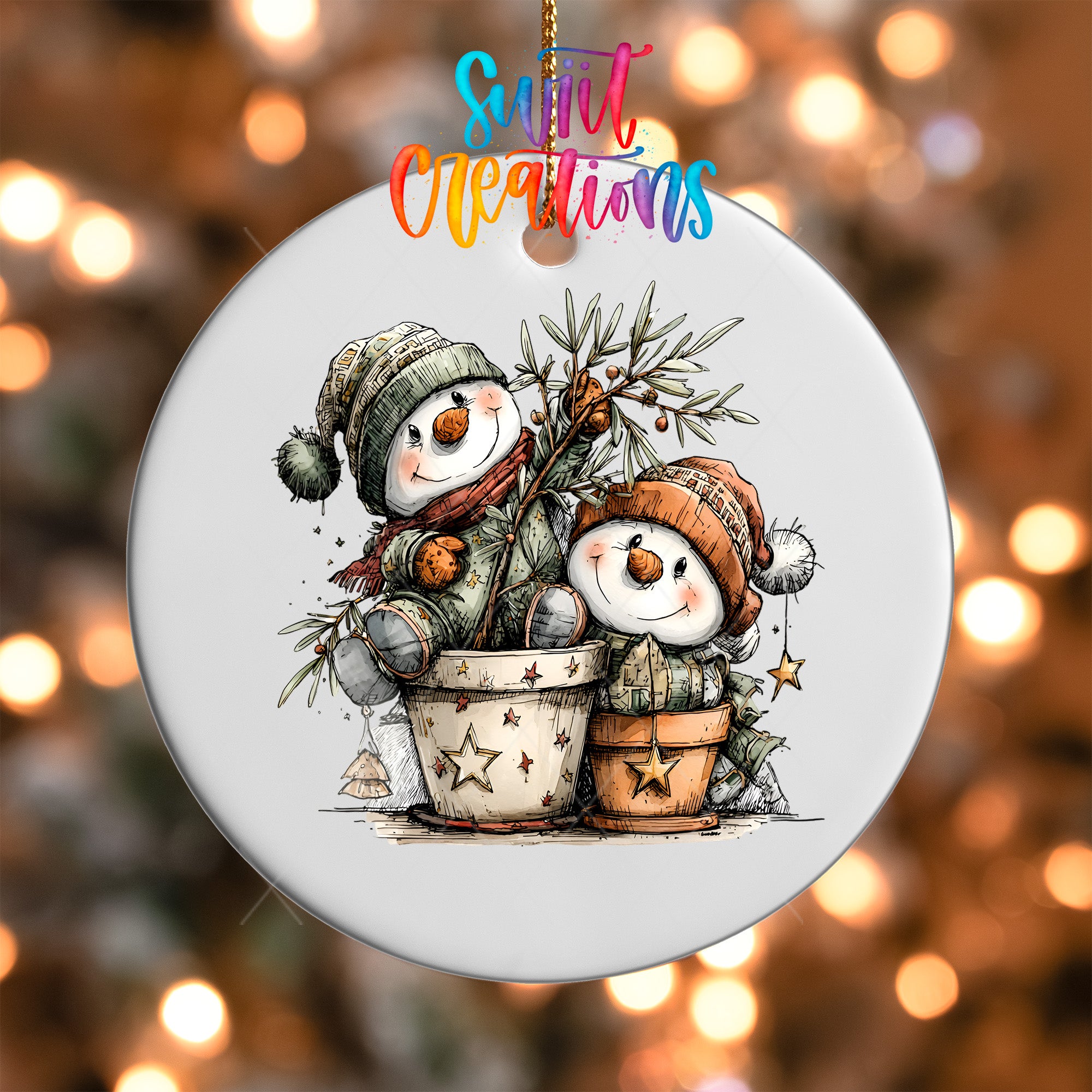 A white ceramic ornament featuring two snowmen in a pot, surrounded by holiday decorations such as stars and ornaments.