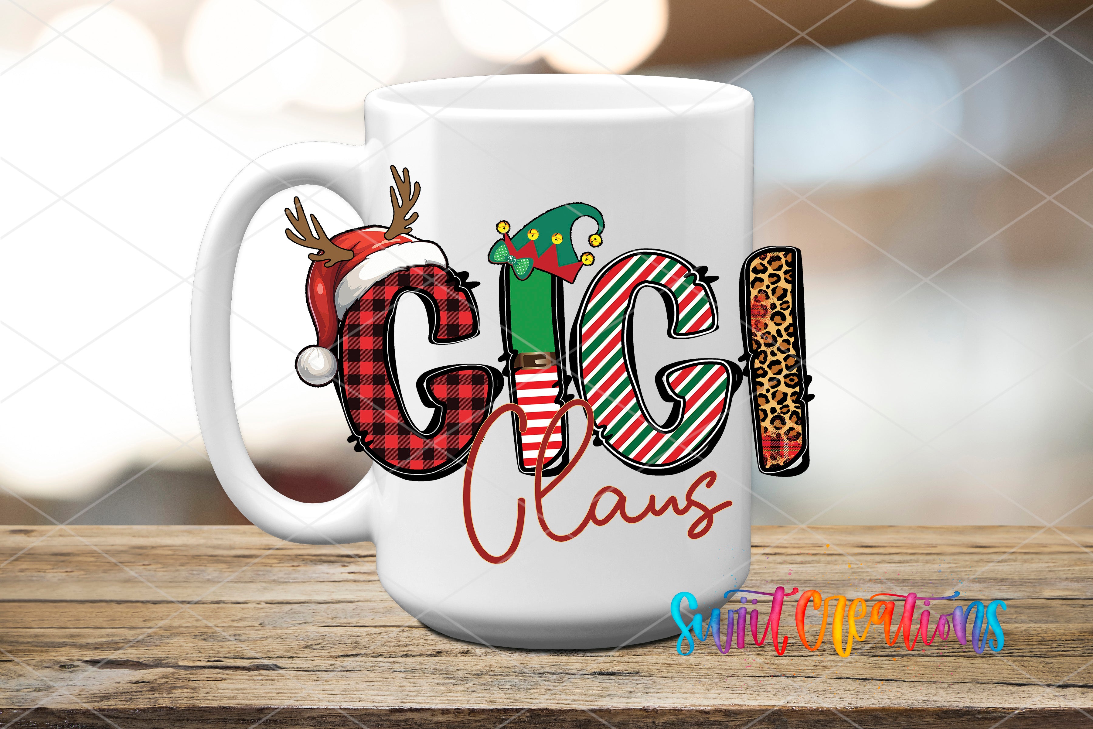 A white mug with a colorful design featuring the word "GIGI" and the phrase "Claus" written on it.