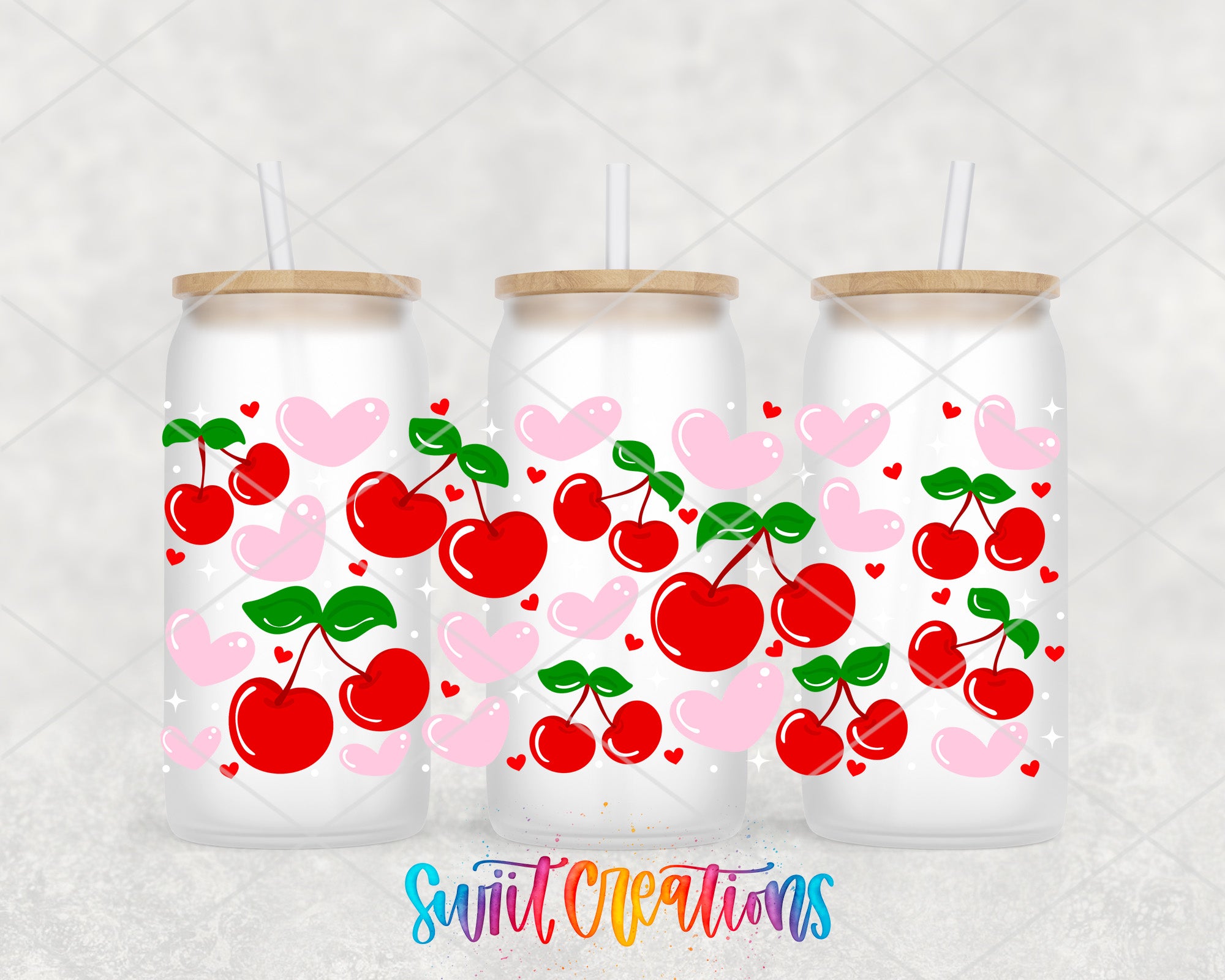 three frosted glass tumblers with a repeating pattern of red cherries and hearts on a white background.