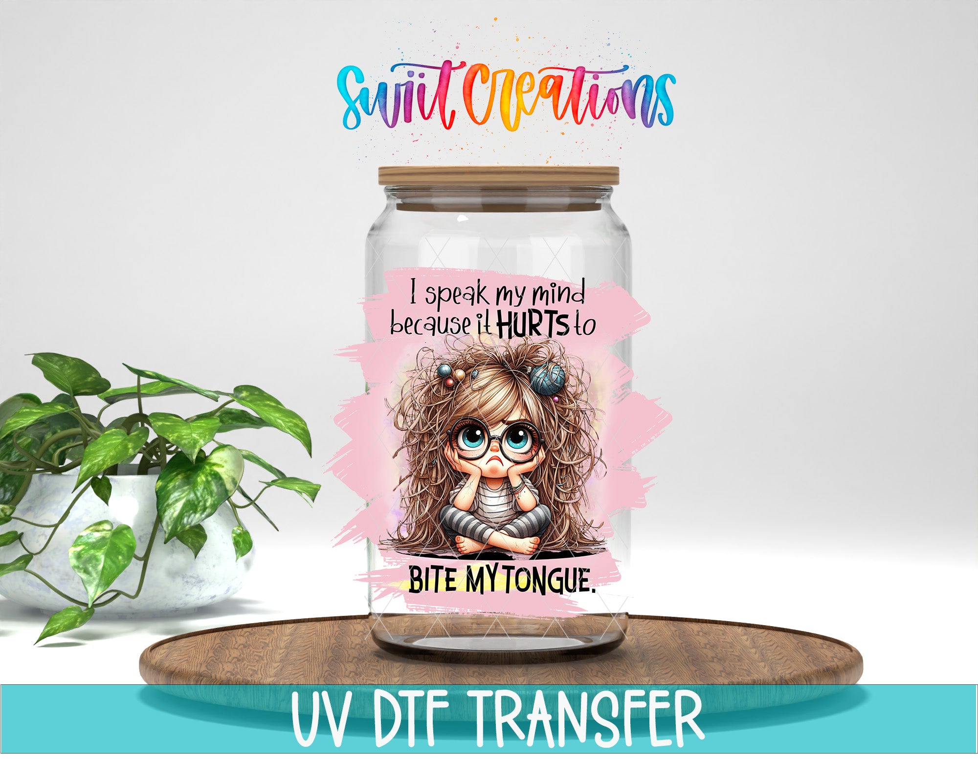 a glass jar with a label that includes a cartoon character and text, placed on a wooden surface next to a potted plant.