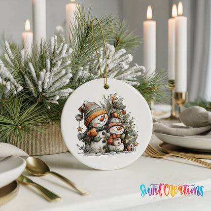 A white ceramic ornament featuring two snowmen is displayed on a table, surrounded by a festive holiday decor with pine branches and candles.