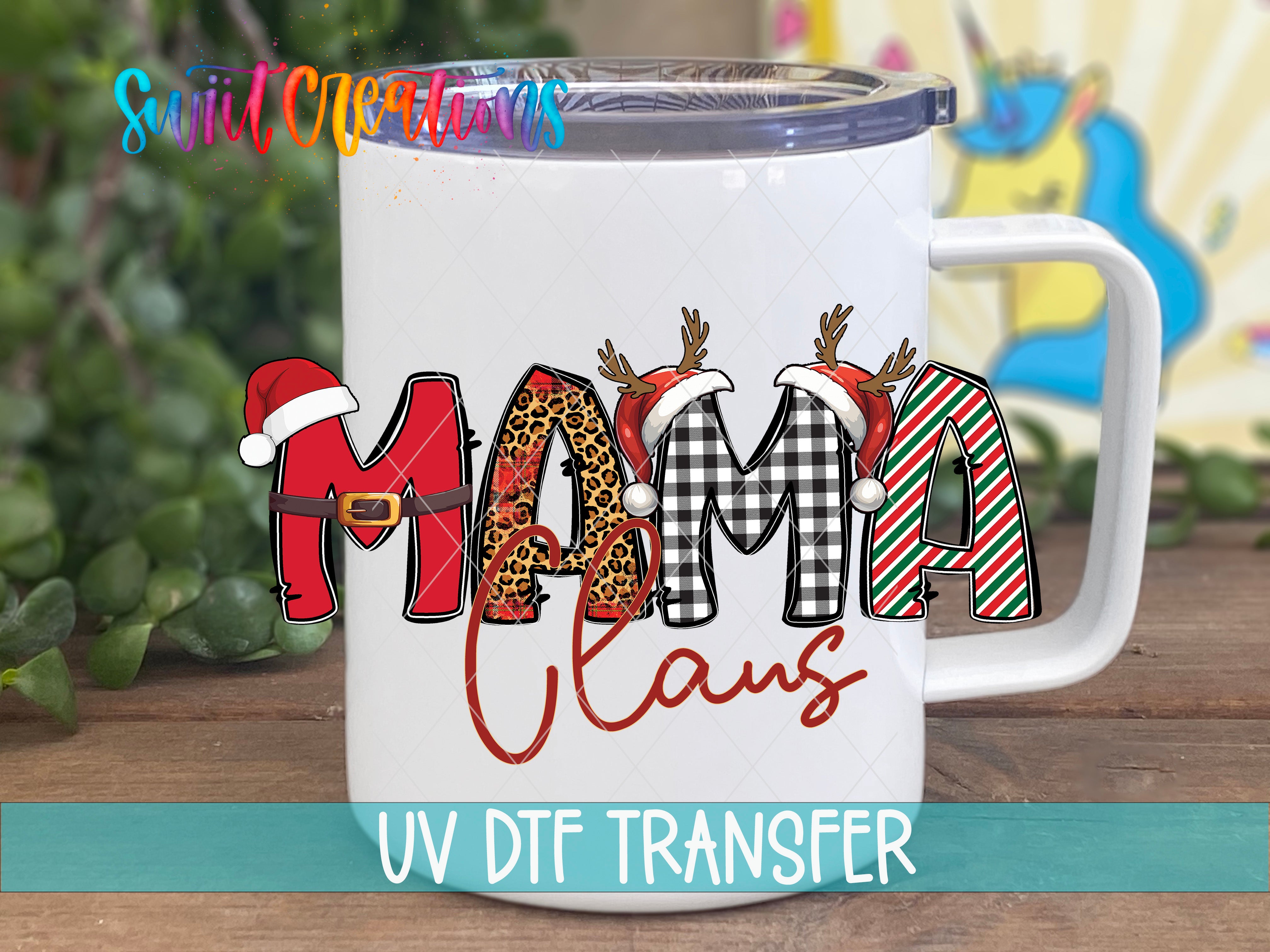 A white mug with a colorful design featuring the word "MAMA" in various styles, including a Santa hat, a leopard print, and a striped pattern.