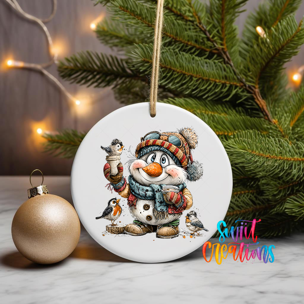 A white ornament featuring a cartoon snowman holding a bird and a small bird, surrounded by pine branches and a Christmas tree with twinkling lights in the background.