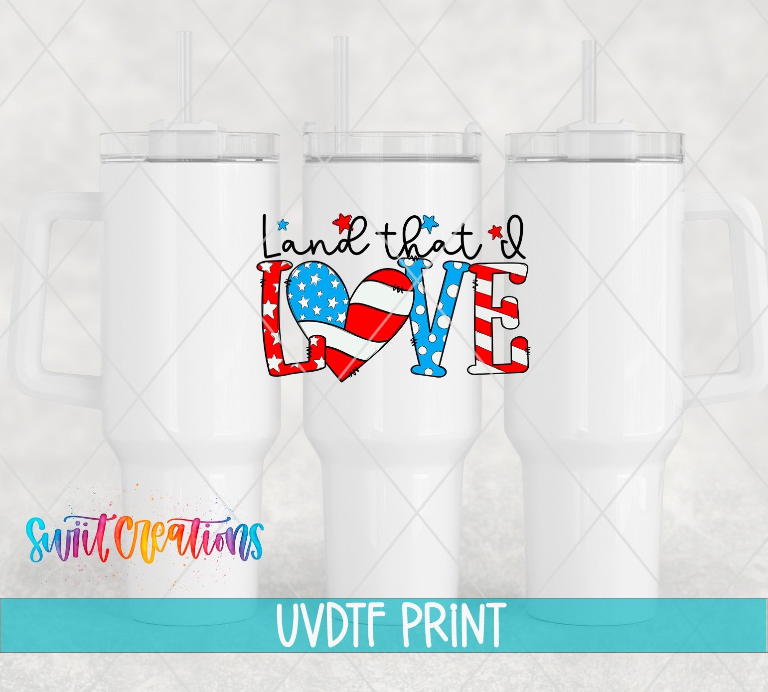 three white tumblers with a patriotic design and text printed on them.