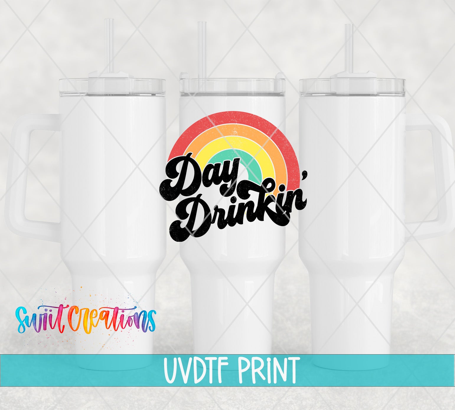 three white tumblers with a rainbow-colored text logo on them, along with a watermark that says "Swit Creations UVDF PRINT".