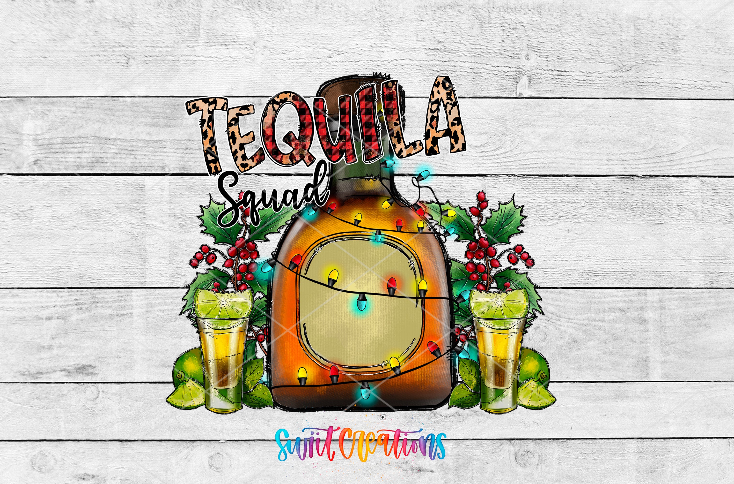 A bottle of tequila surrounded by festive decorations, including a leopard print design, Christmas lights, and lime slices, with the text "Tequila Squad" and "Spirit Creations" displayed.
