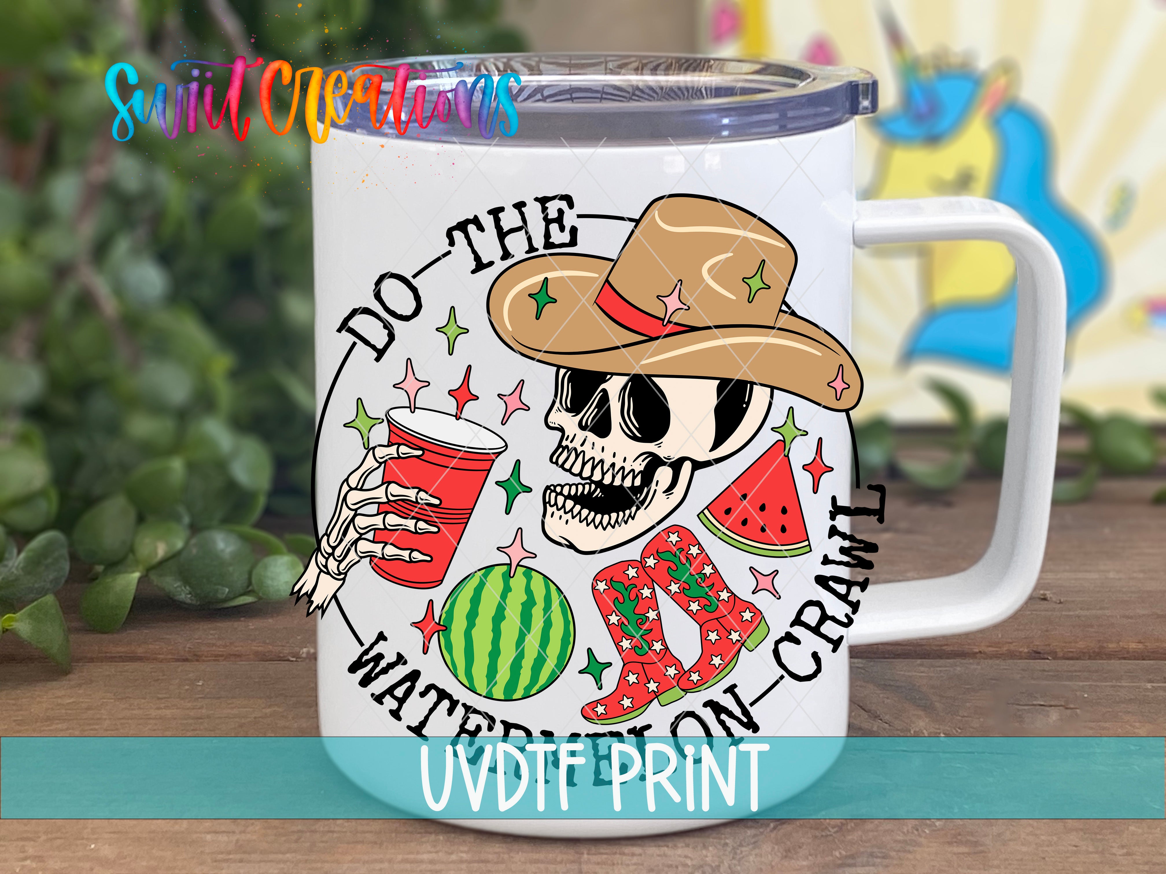 A white mug with a cartoon skull wearing a cowboy hat and holding a red cup, surrounded by watermelon slices and a cowboy boot, with the text "Do the WATER on CRAWL" printed on it.