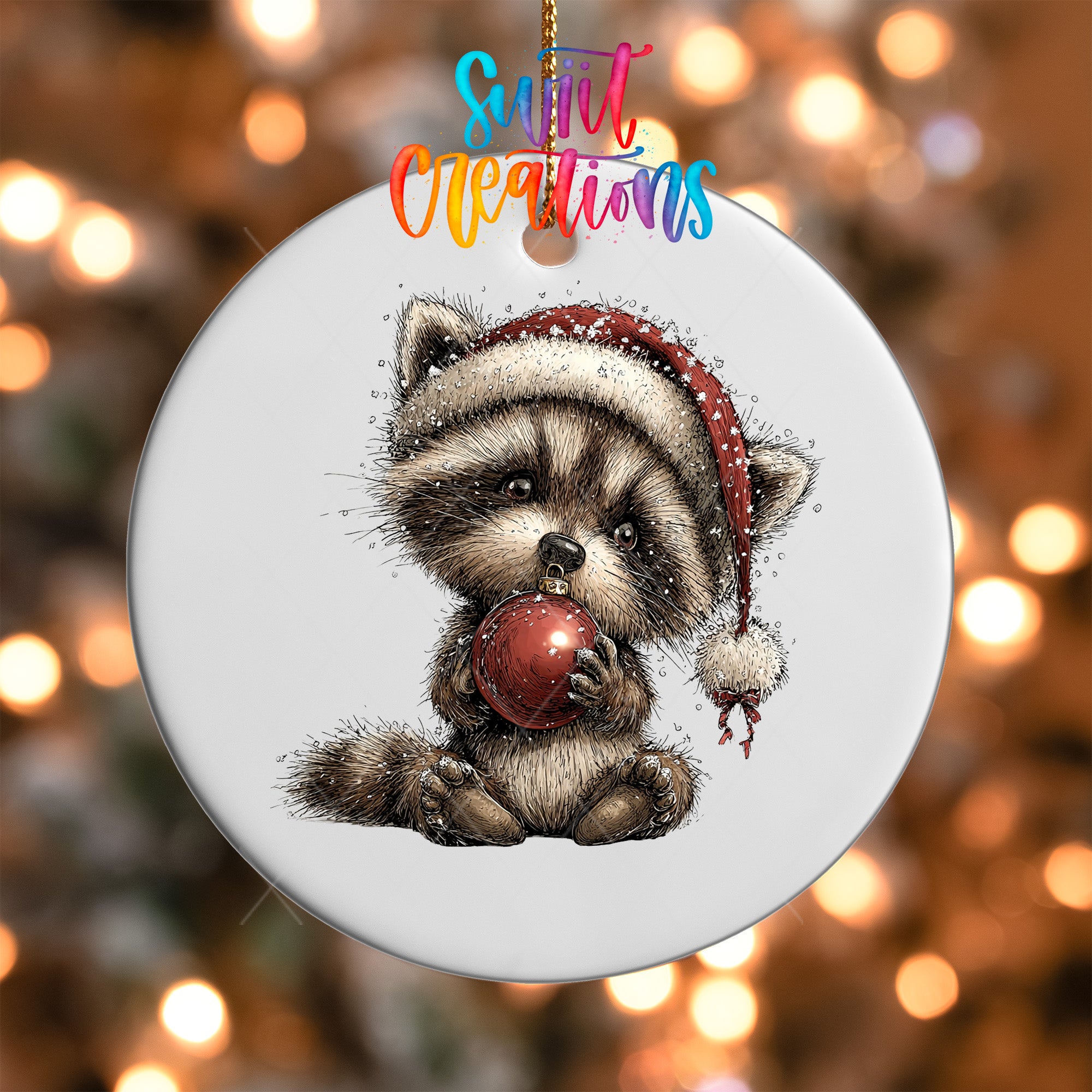 A ceramic ornament featuring a raccoon wearing a Santa hat and holding a red ornament.