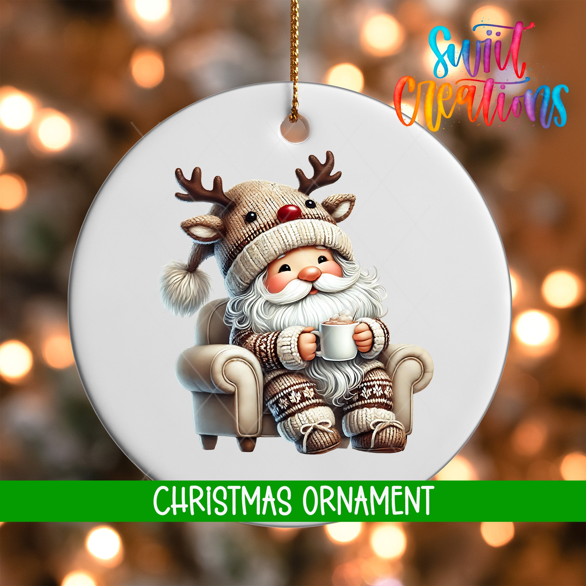 A Christmas ornament featuring a Santa Claus figure sitting in a chair, wearing a reindeer hat and holding a cup of coffee.