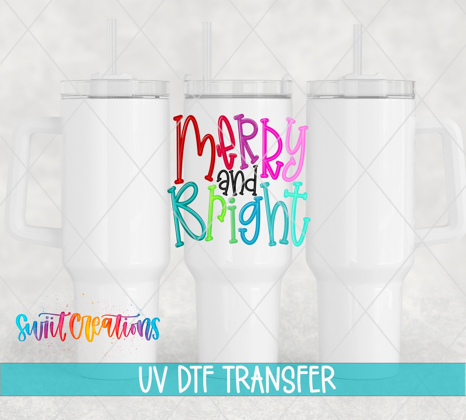 three white tumblers with colorful text and straws, and the text "Merry and Bright" is displayed prominently in the center.