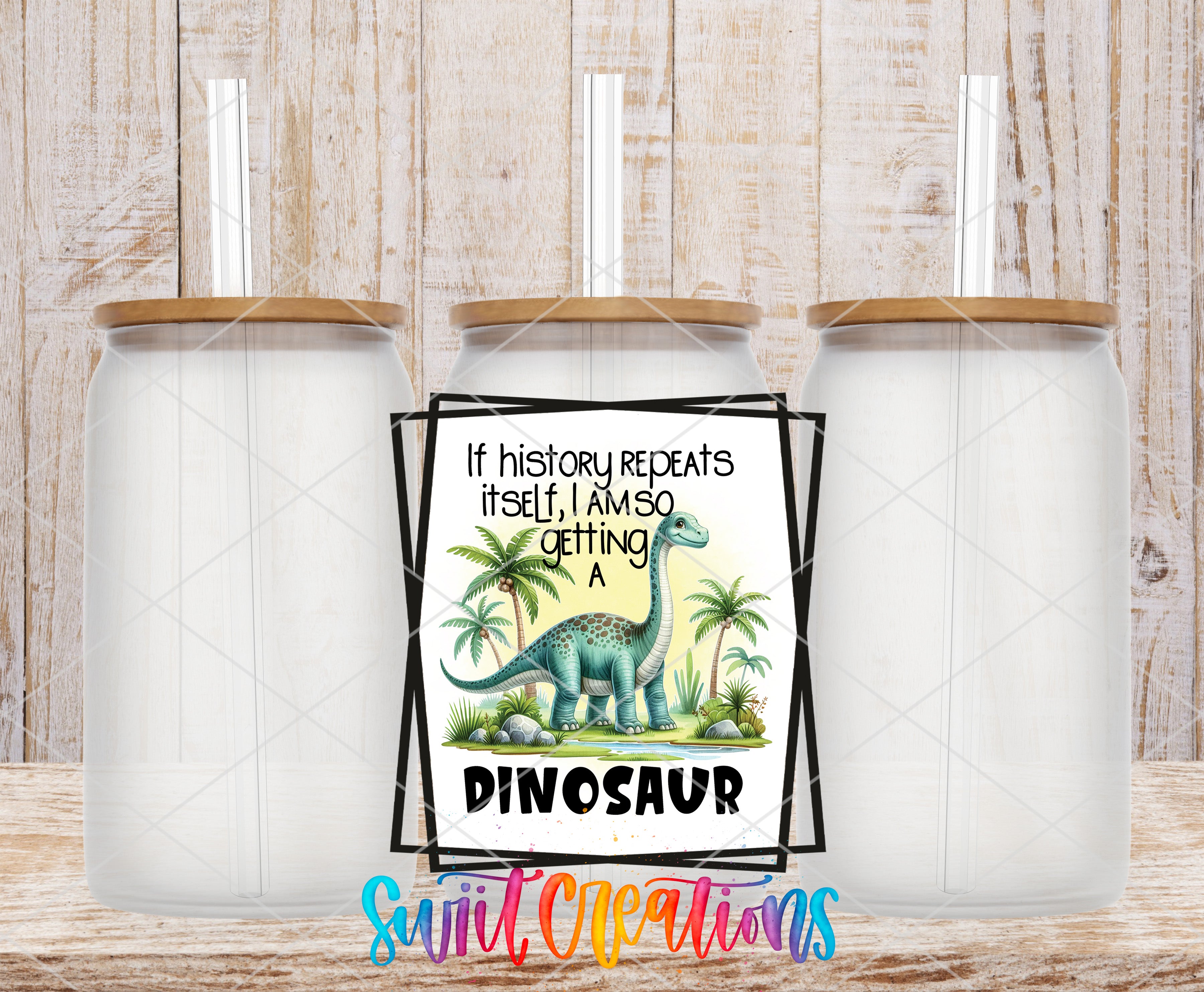 a dinosaur-themed poster with a humorous caption, placed between two transparent glass jars with lids.