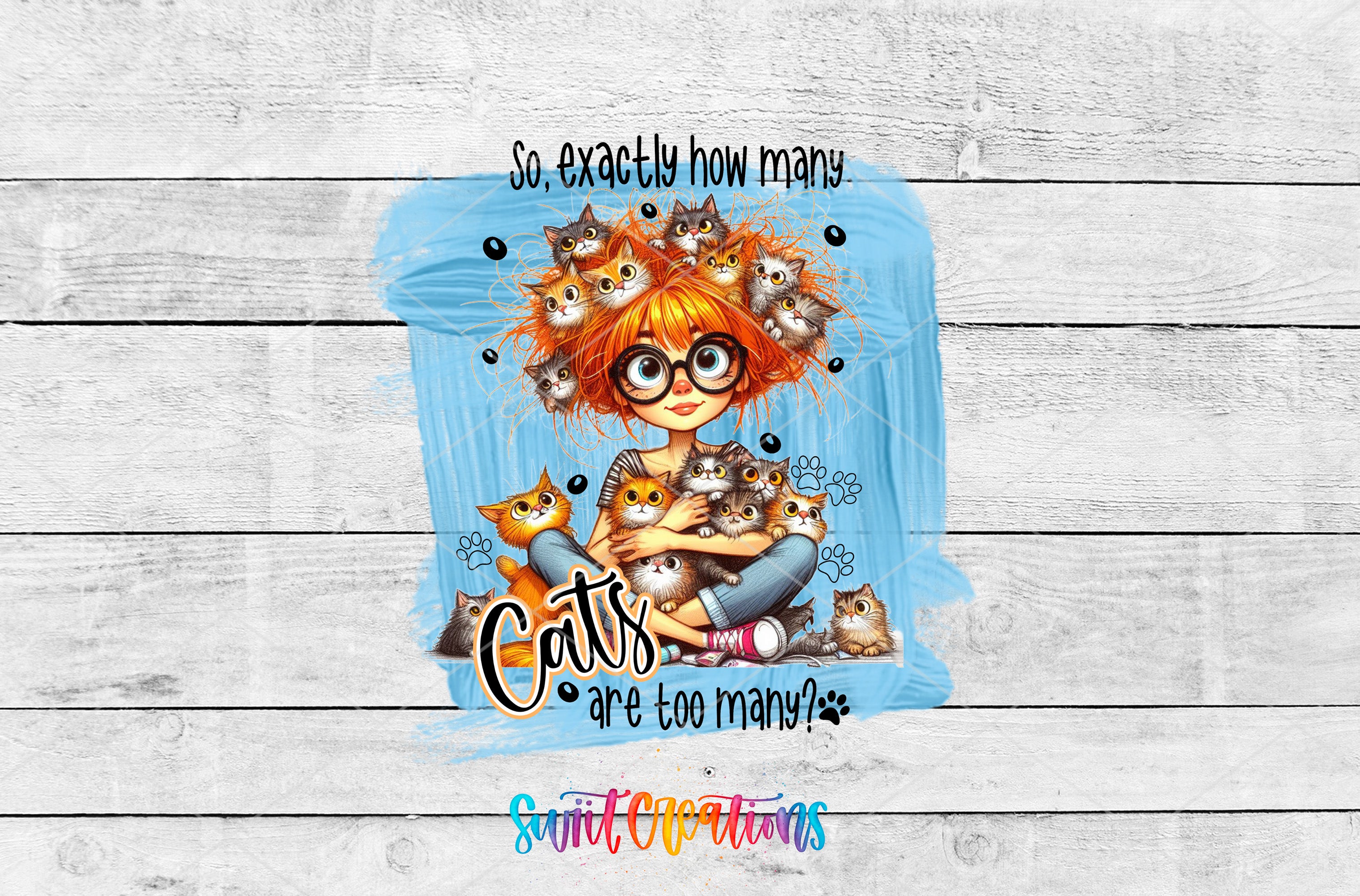 A cartoon image of a young girl with orange hair and glasses, surrounded by a large number of cats, with the text "So exactly how many cats are too many?"