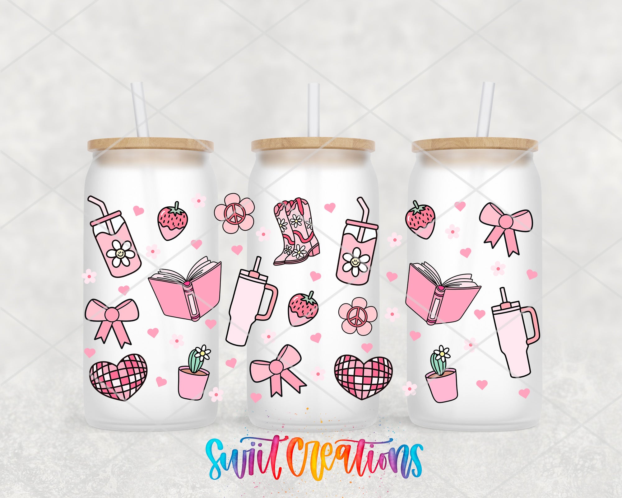 three glass tumblers with pink and white illustrations of various objects and symbols, such as hearts, flowers, and a book.