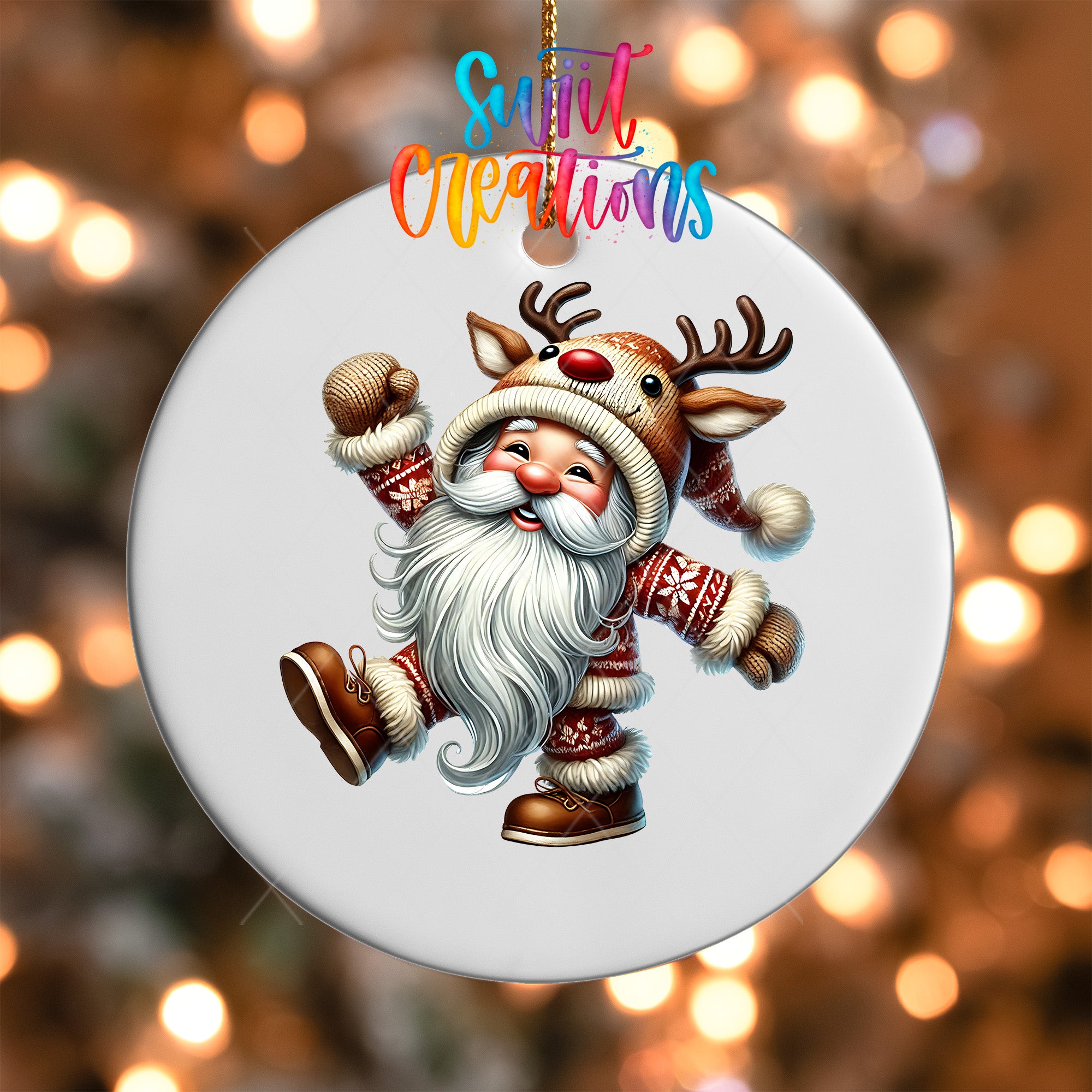 A white ornament featuring a smiling reindeer character wearing a Santa hat and coat, with a long white beard and antlers.