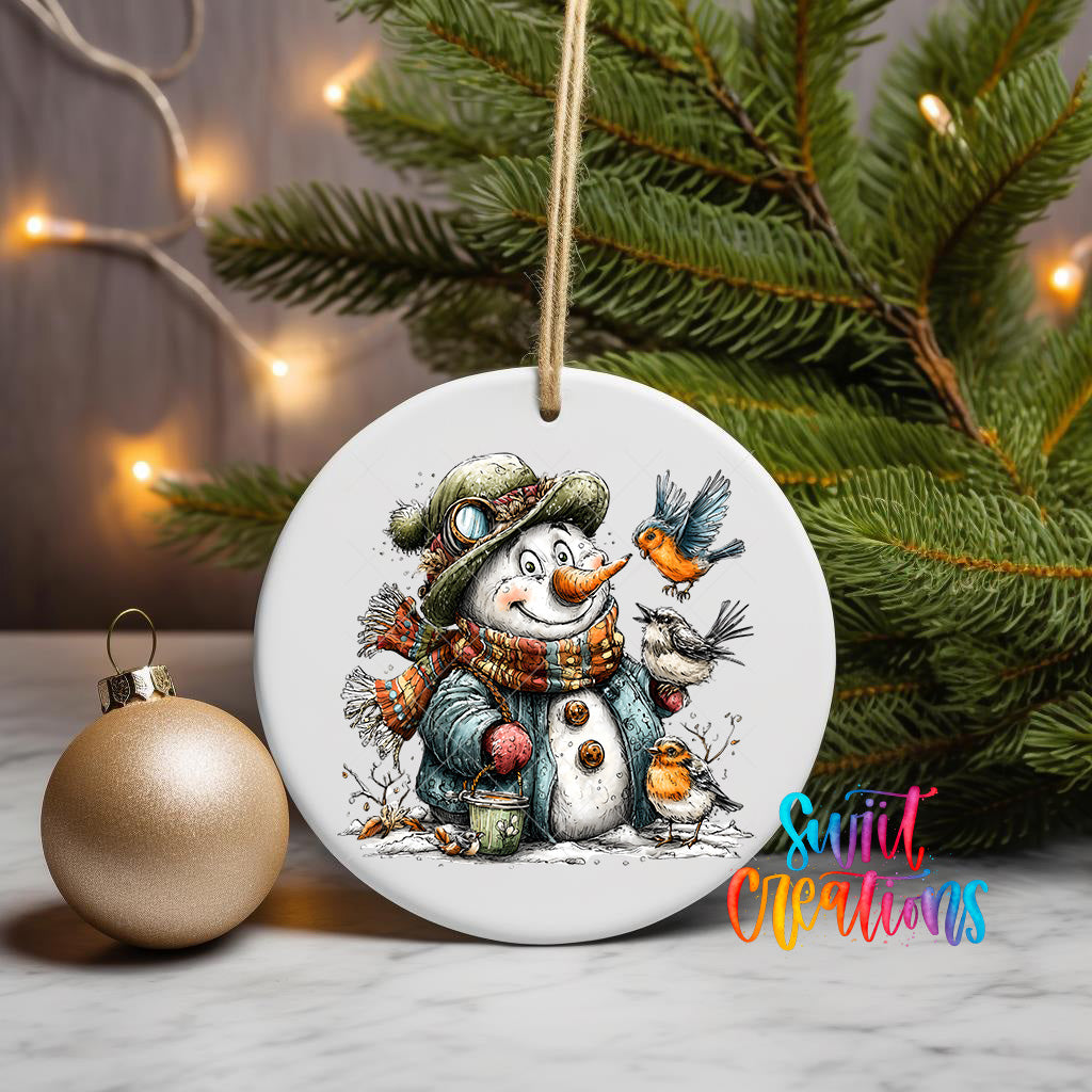 A white ceramic ornament featuring a snowman with a bird perched on its shoulder, surrounded by pine branches and a gold ornament, with a string of lights in the background.