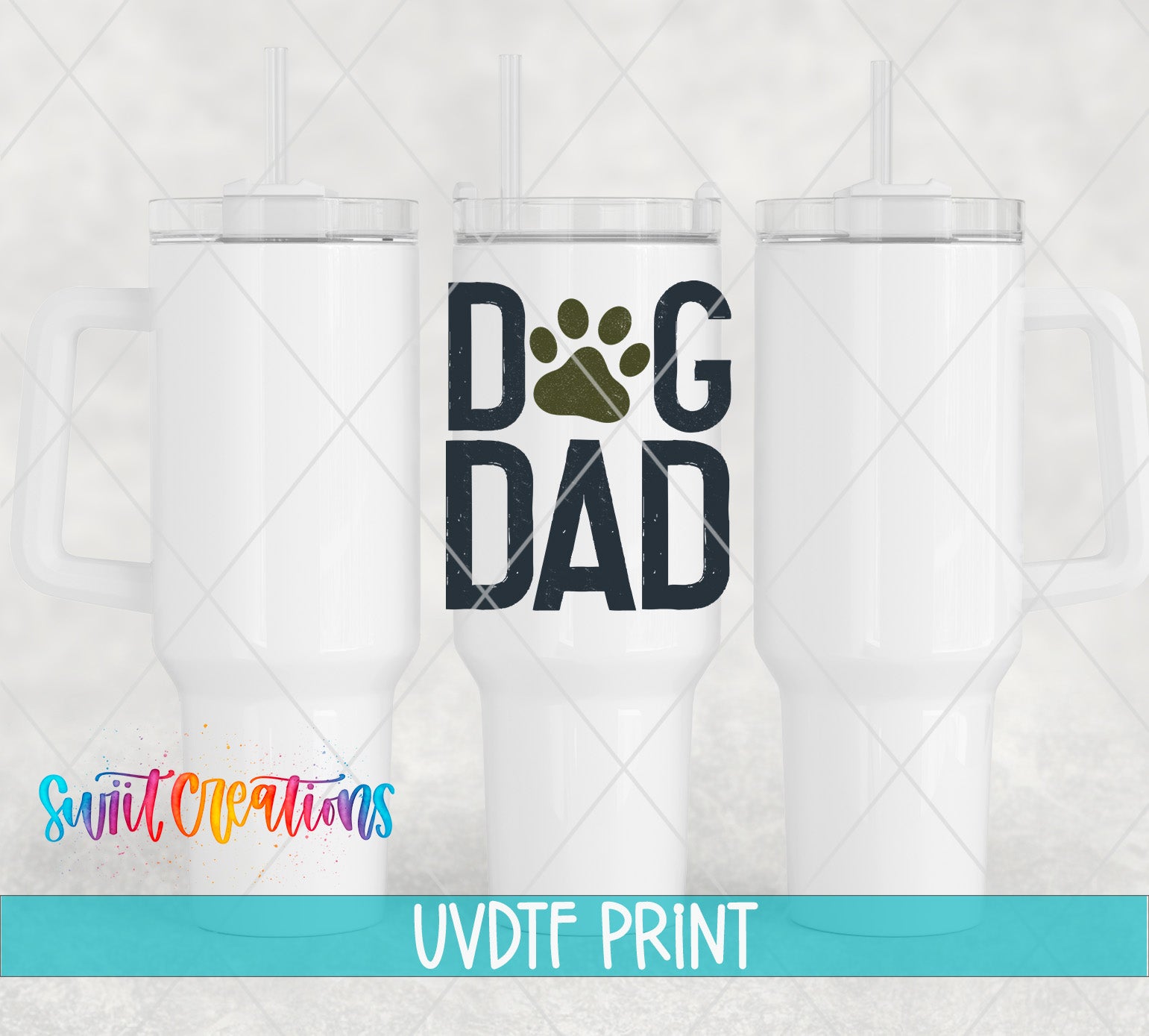 three white tumblers with the text "DOG DAD" printed on them.