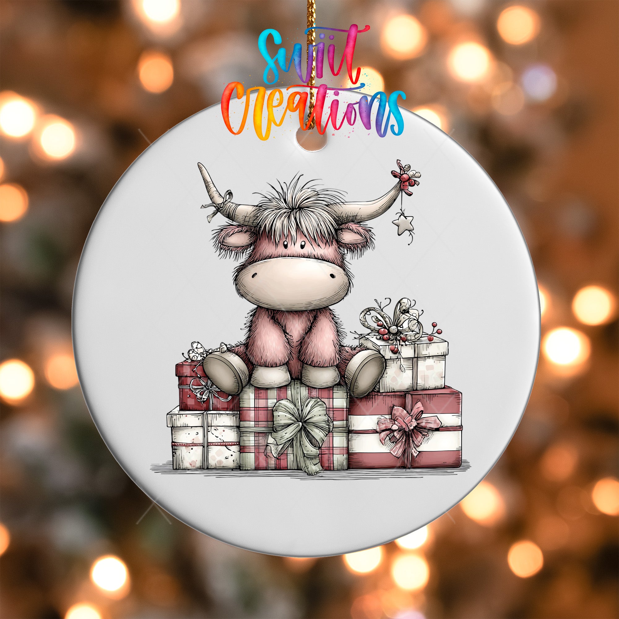 A white ornament with a cartoon cow sitting on a pile of wrapped gifts, with a colorful text overlay that reads "Sweet Creations".