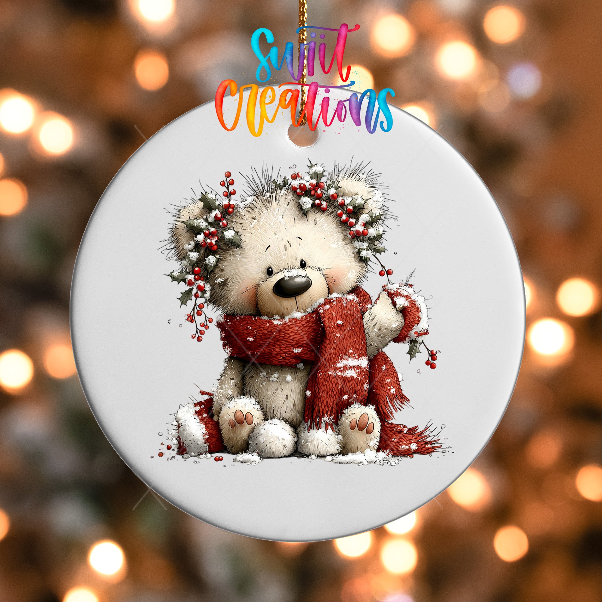 A white teddy bear wearing a red scarf and surrounded by berries, with a text overlay that reads "Sweet Creations".