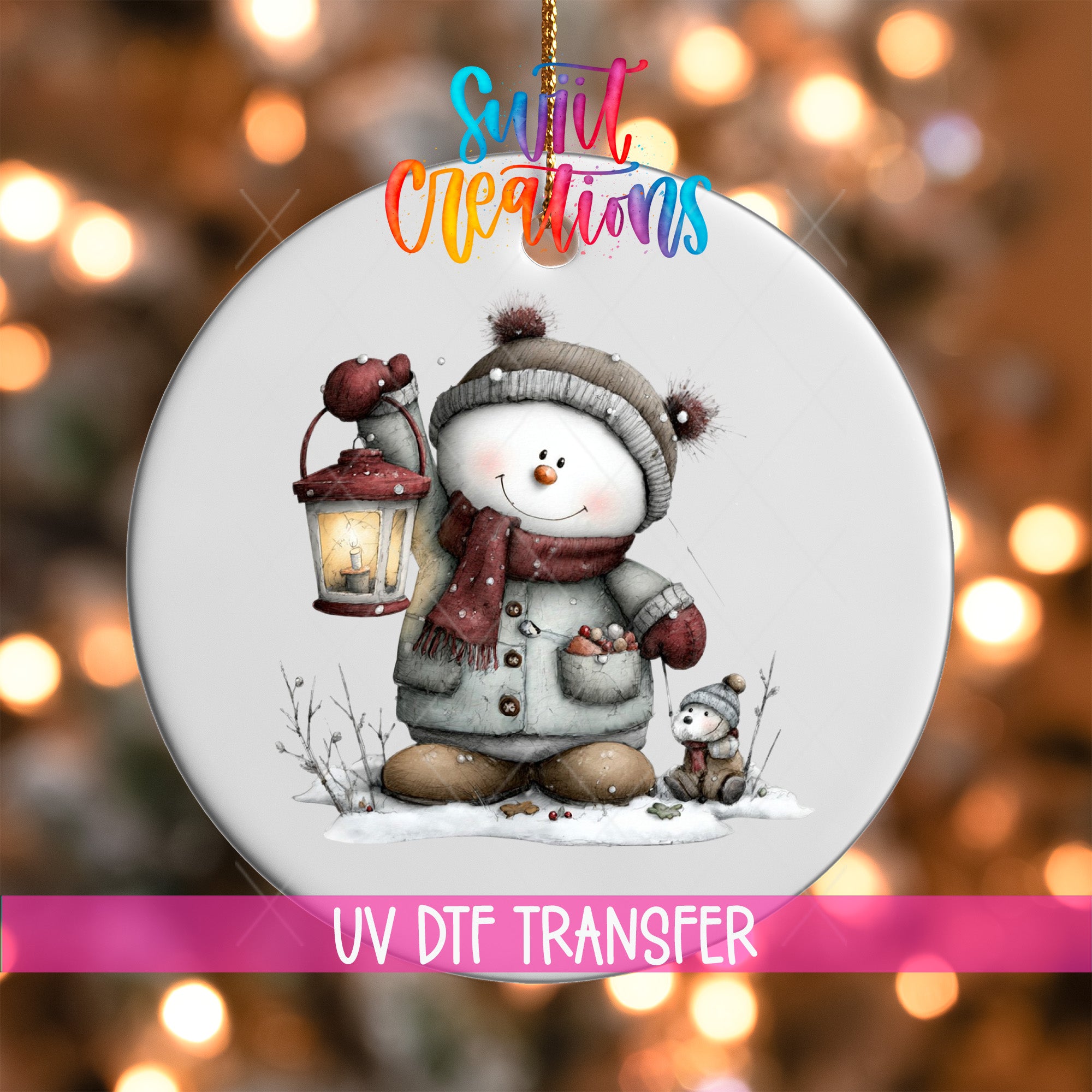 A snowman ornament with a lantern and a smaller snowman figure, set against a background of colorful lights.