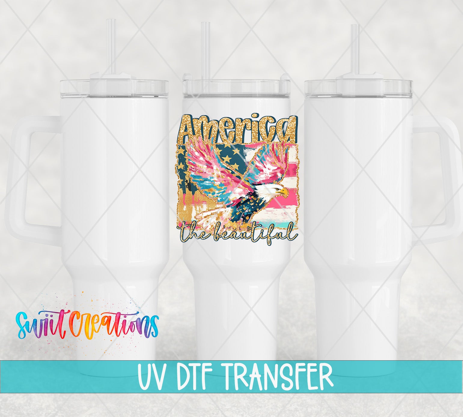three white tumblers with a colorful design of an eagle and the text "America" printed on them.