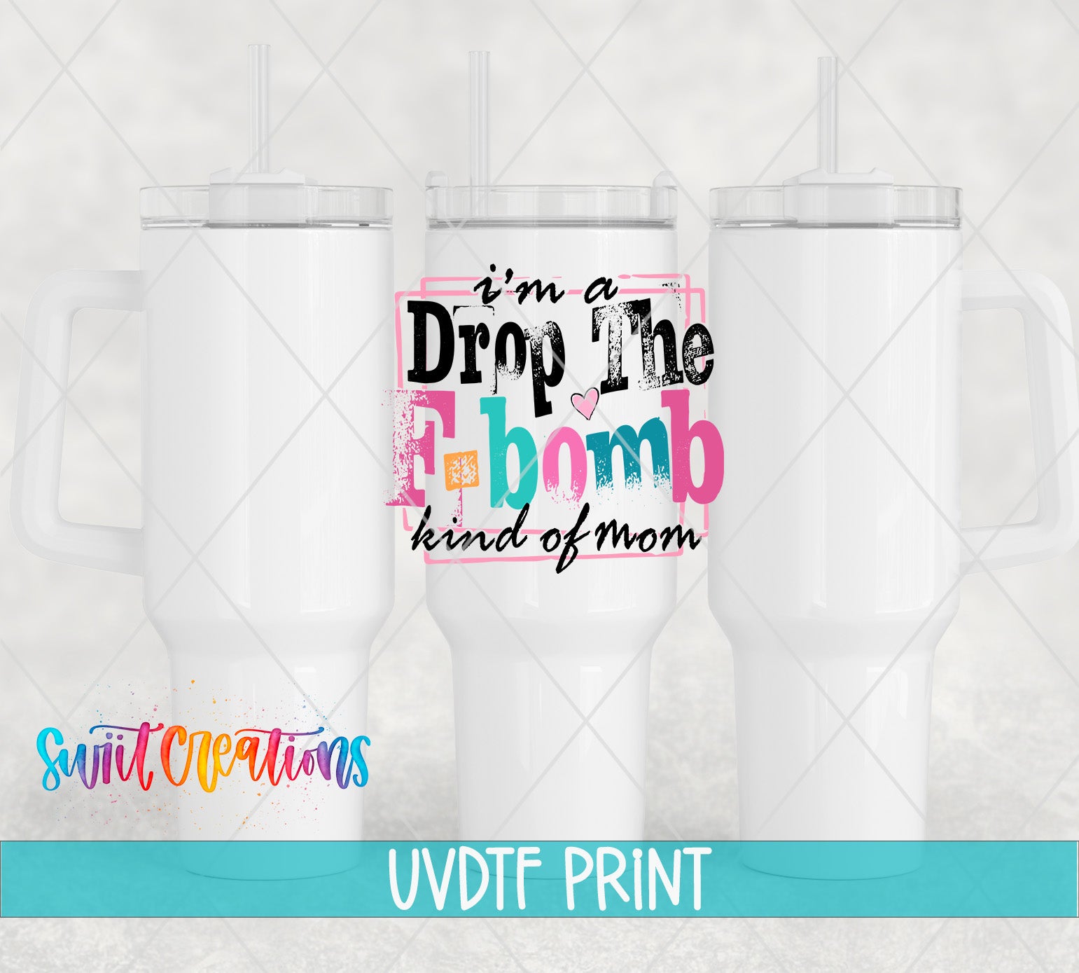 three white tumblers with colorful text and graphics printed on them.