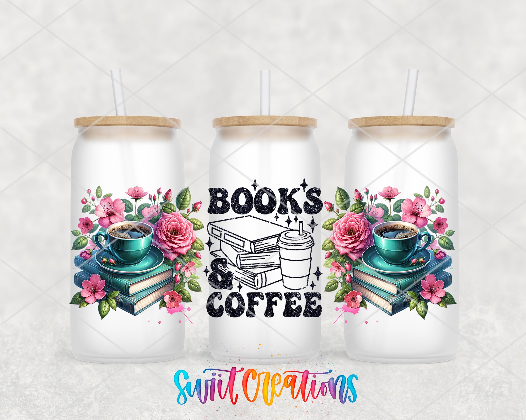 Three white tumblers with floral designs and text, including a book and coffee motif.