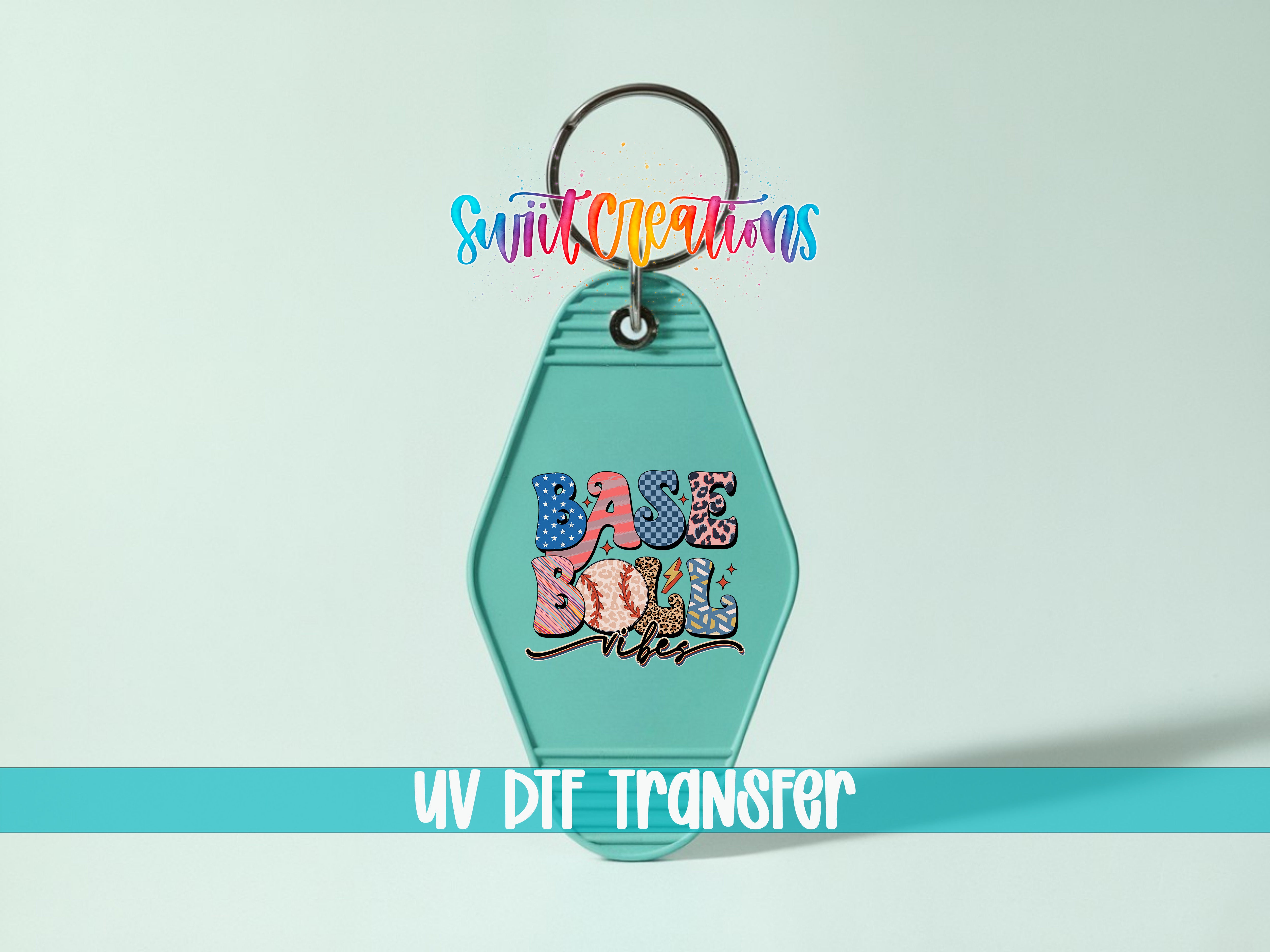 A keychain with the text "Base Ball" printed on it, along with a UV dye transfer logo.