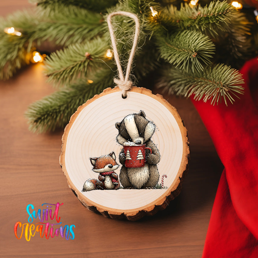 A wooden ornament featuring a raccoon and a fox, with the raccoon holding a mug, is hanging on a Christmas tree.