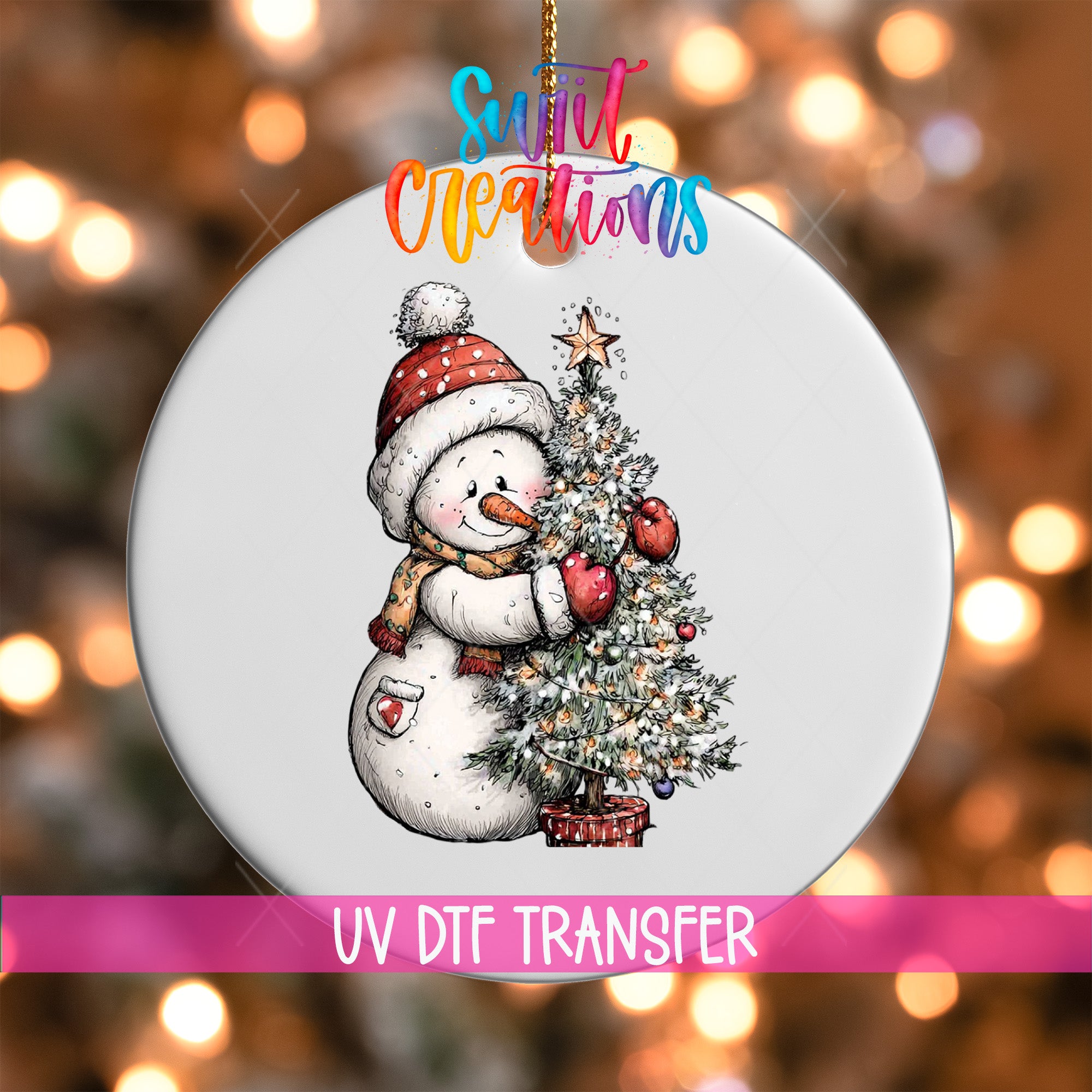 A snowman is depicted holding a Christmas tree, with a colorful background of lights.