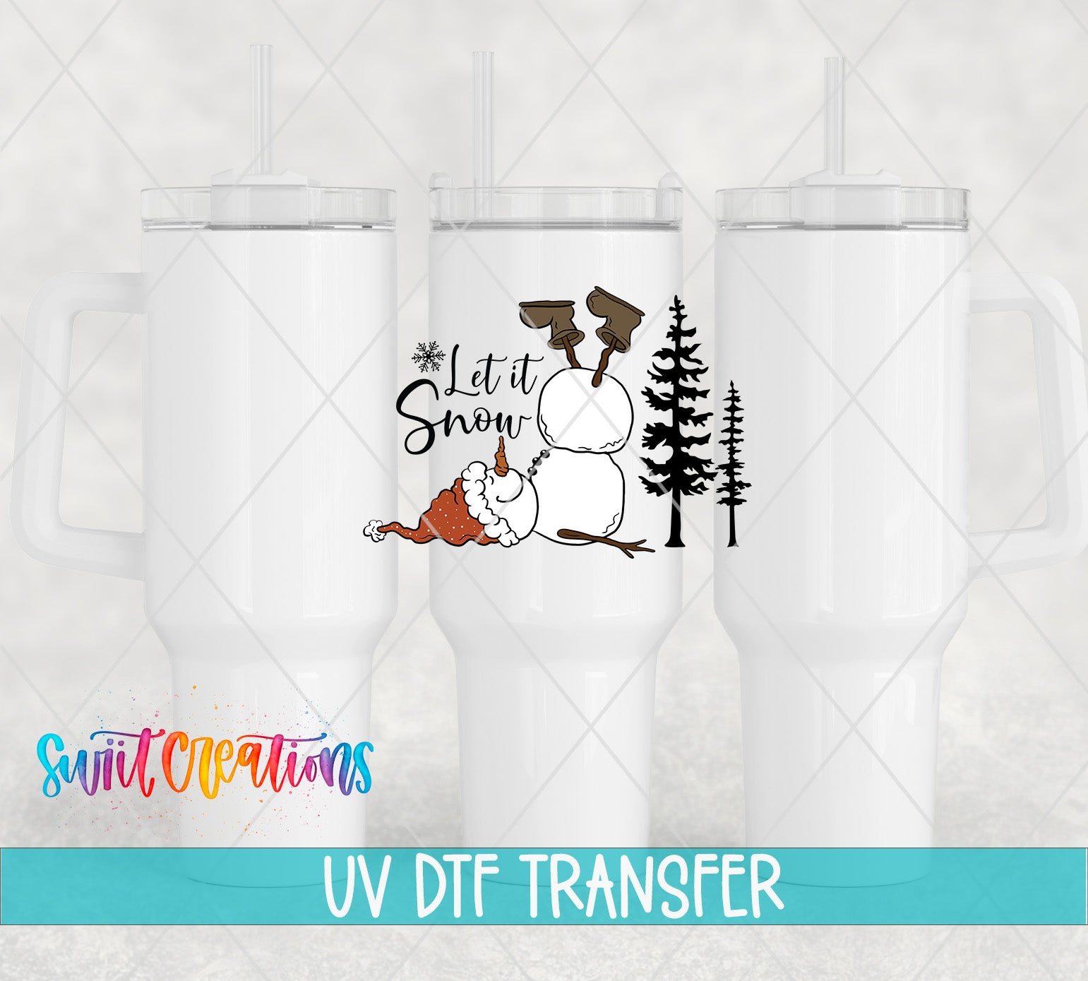 The image is a collage of three white tumblers with a snowman and pine trees printed on them. The text "Let it Snow" is printed on the tumbler, and the text "UV Dtf Transfer" is printed below the tumblers.